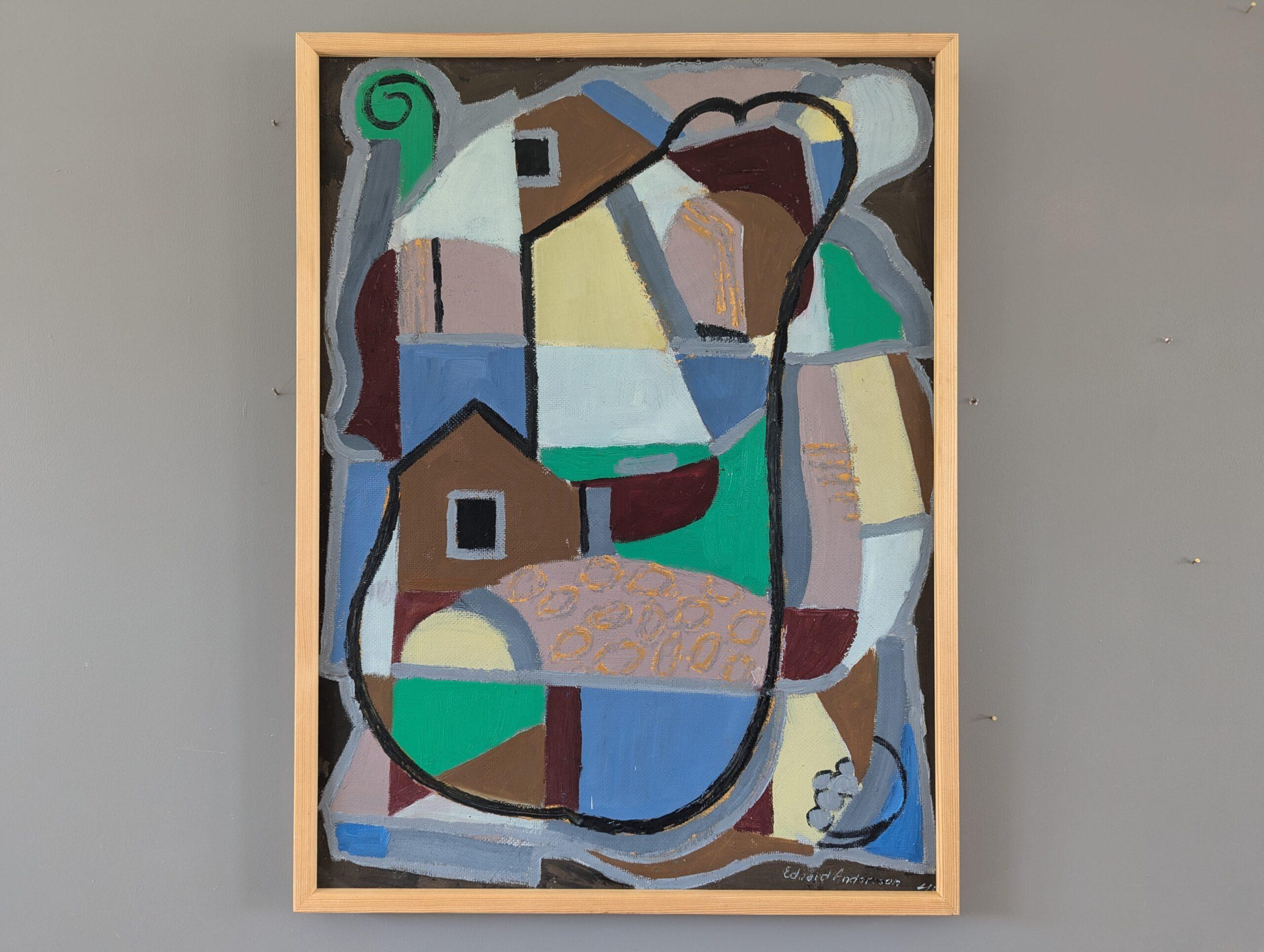 Schwedisches geometrisches abstraktes Vintage-Ölgemälde in Form von Häusern, Mid-Century, Vintage (Moderne), Painting, von Edvard Andersson
