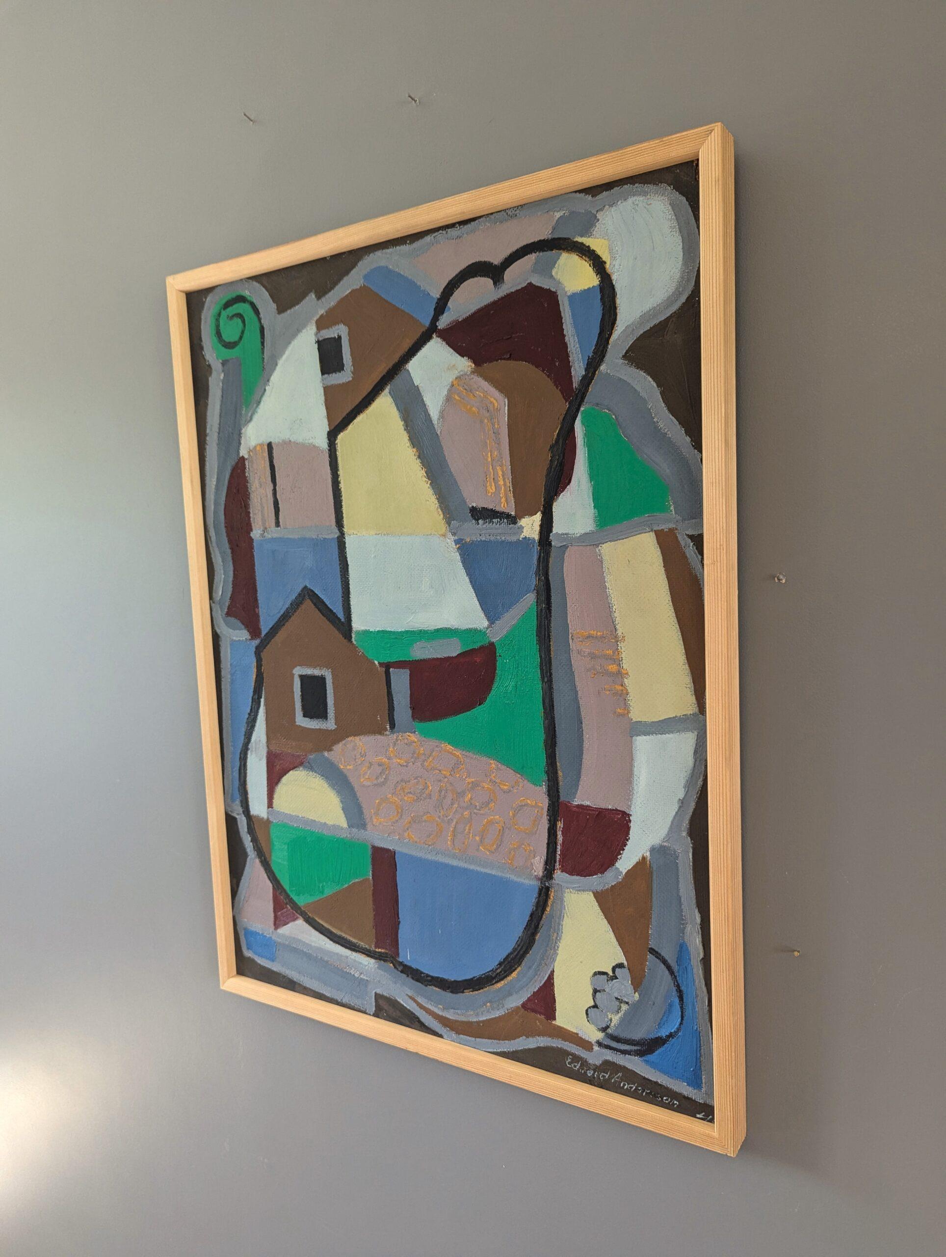 HÄUSER IN FORMEN
Größe: 63 x 48 cm (einschließlich Rahmen)
Öl auf Karton

Eine lebendige und brillant ausgeführte geometrisch-abstrakte Komposition aus der Mitte des Jahrhunderts, gemalt in Öl auf Karton in den 1940er Jahren von dem etablierten