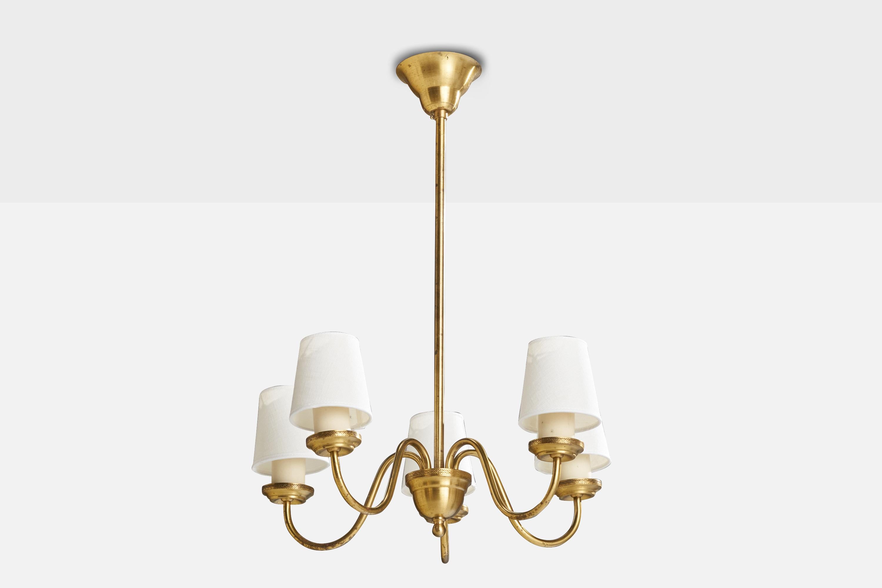 A brass, bakelite and white fabric chandelier designed and produced by Edvard Hagman, Sweden, c. 1940s.

Dimensions of canopy (inches): 2.5” H x 4.5” Diameter
Socket takes standard E-26 bulbs. 5 sockets.There is no maximum wattage stated on the