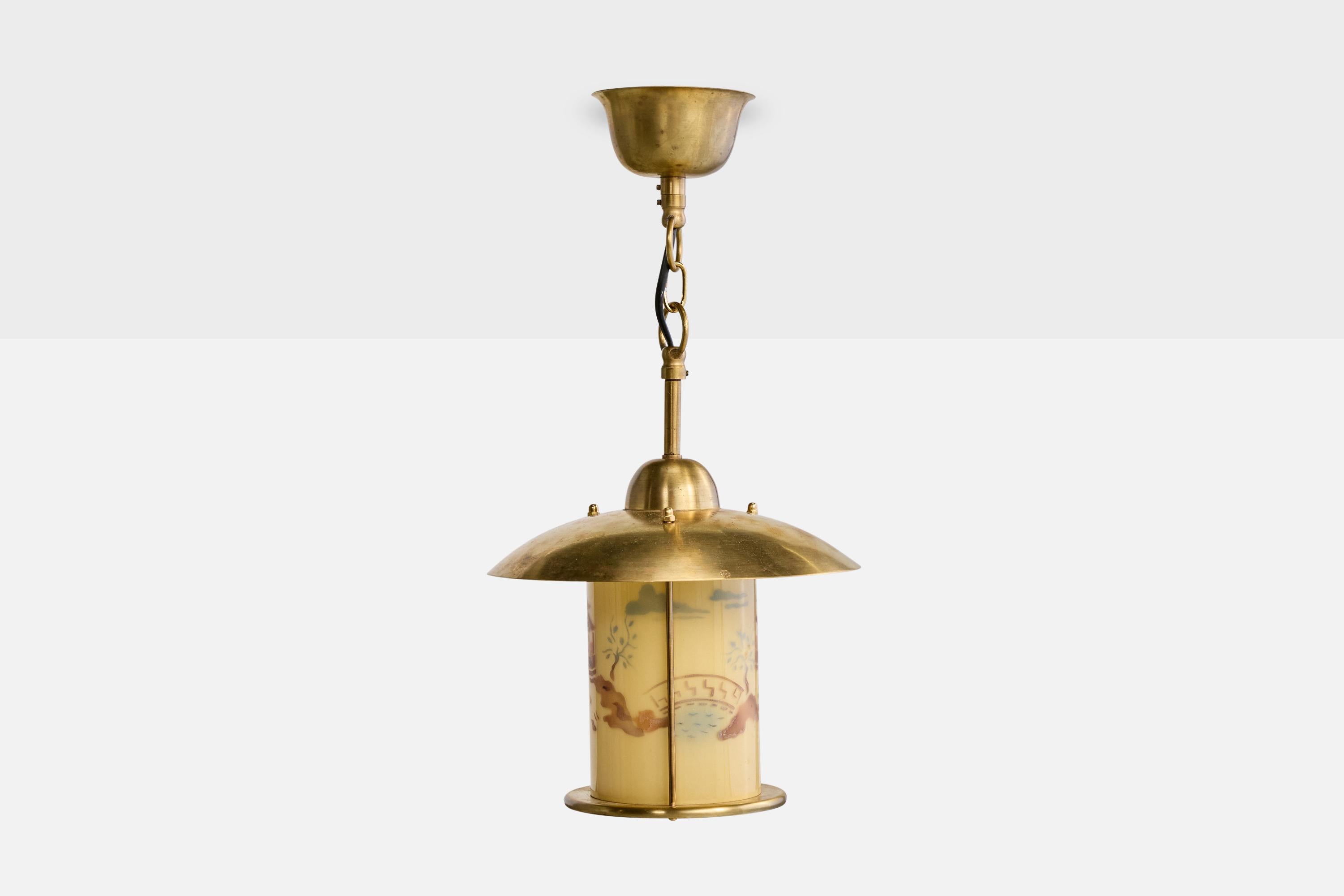 Scandinave moderne Lampe à suspension Edvard Hagman, laiton, verre, Suède, années 1940 en vente