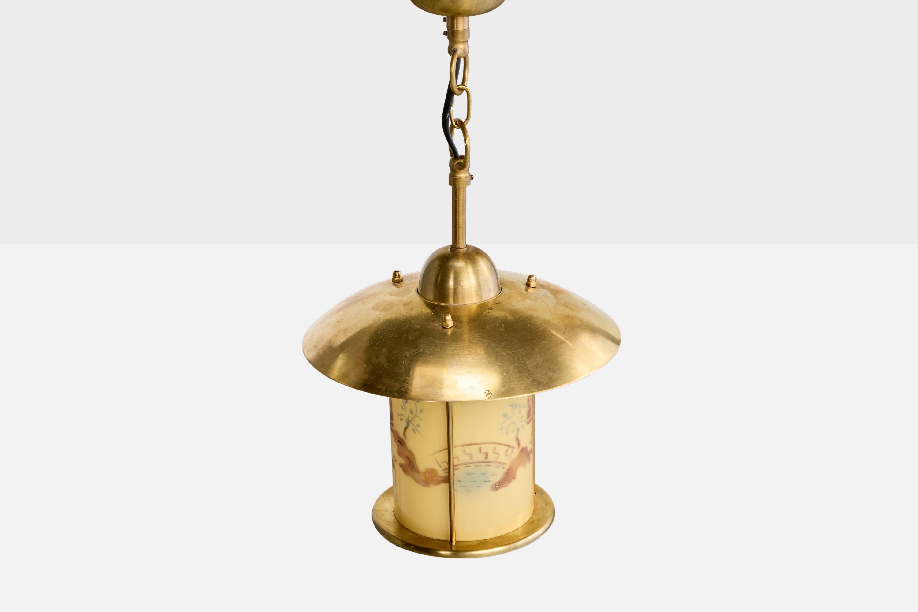 Suédois Lampe à suspension Edvard Hagman, laiton, verre, Suède, années 1940 en vente