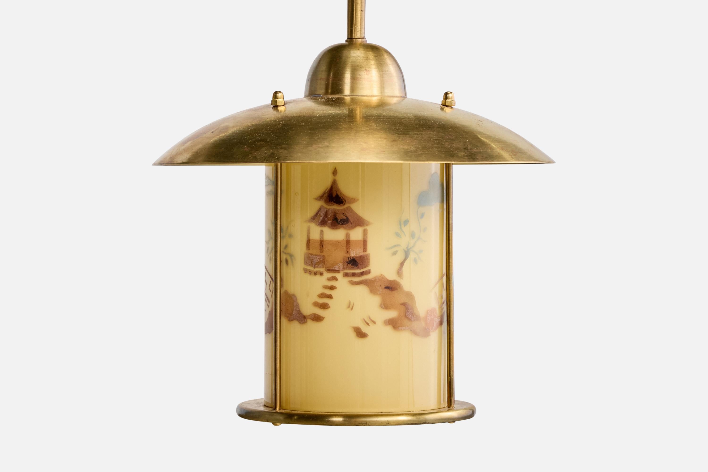 Milieu du XXe siècle Lampe à suspension Edvard Hagman, laiton, verre, Suède, années 1940 en vente