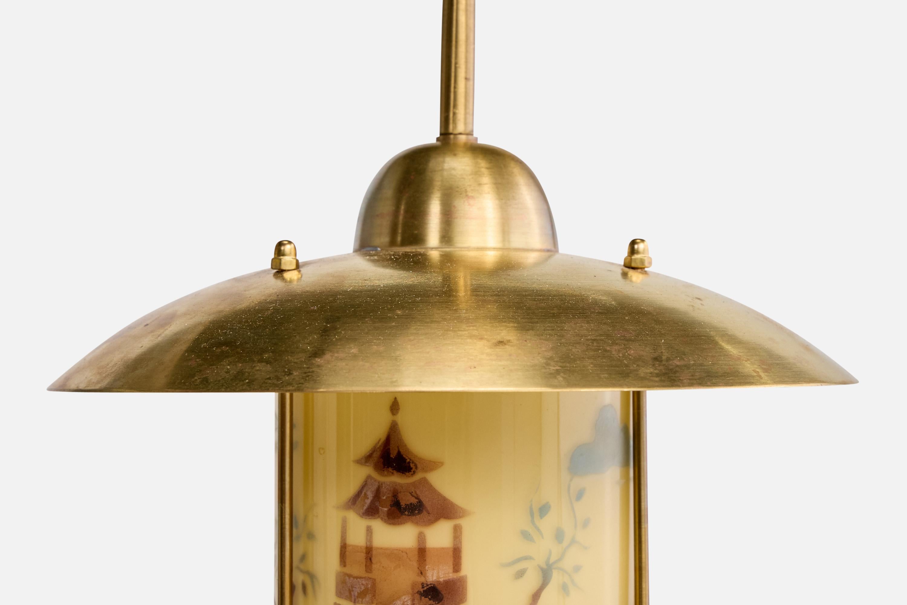 Lampe à suspension Edvard Hagman, laiton, verre, Suède, années 1940 en vente 1