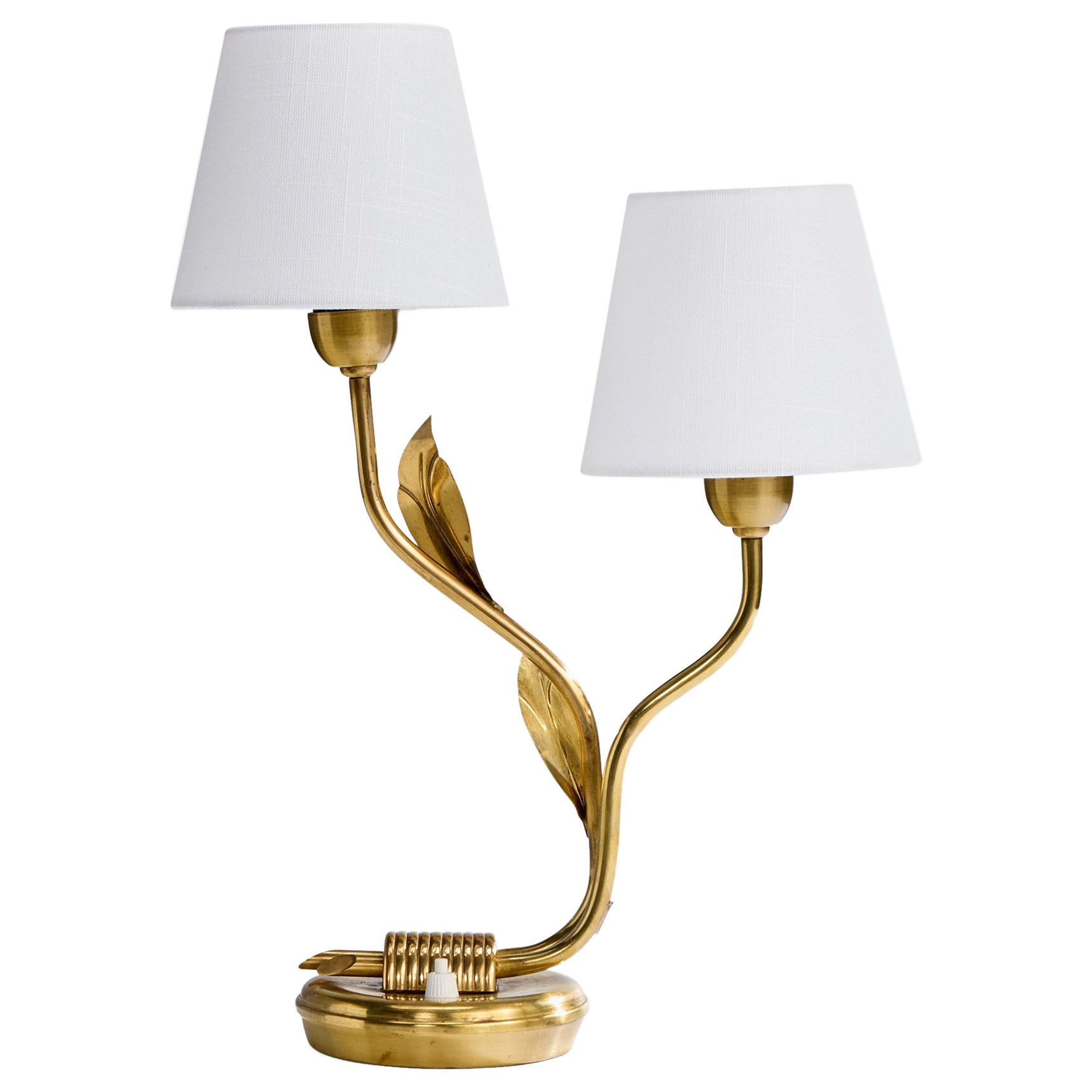 Edvard Hagman, Tischlampe, Messing, Stoff, Schweden, 1950er Jahre