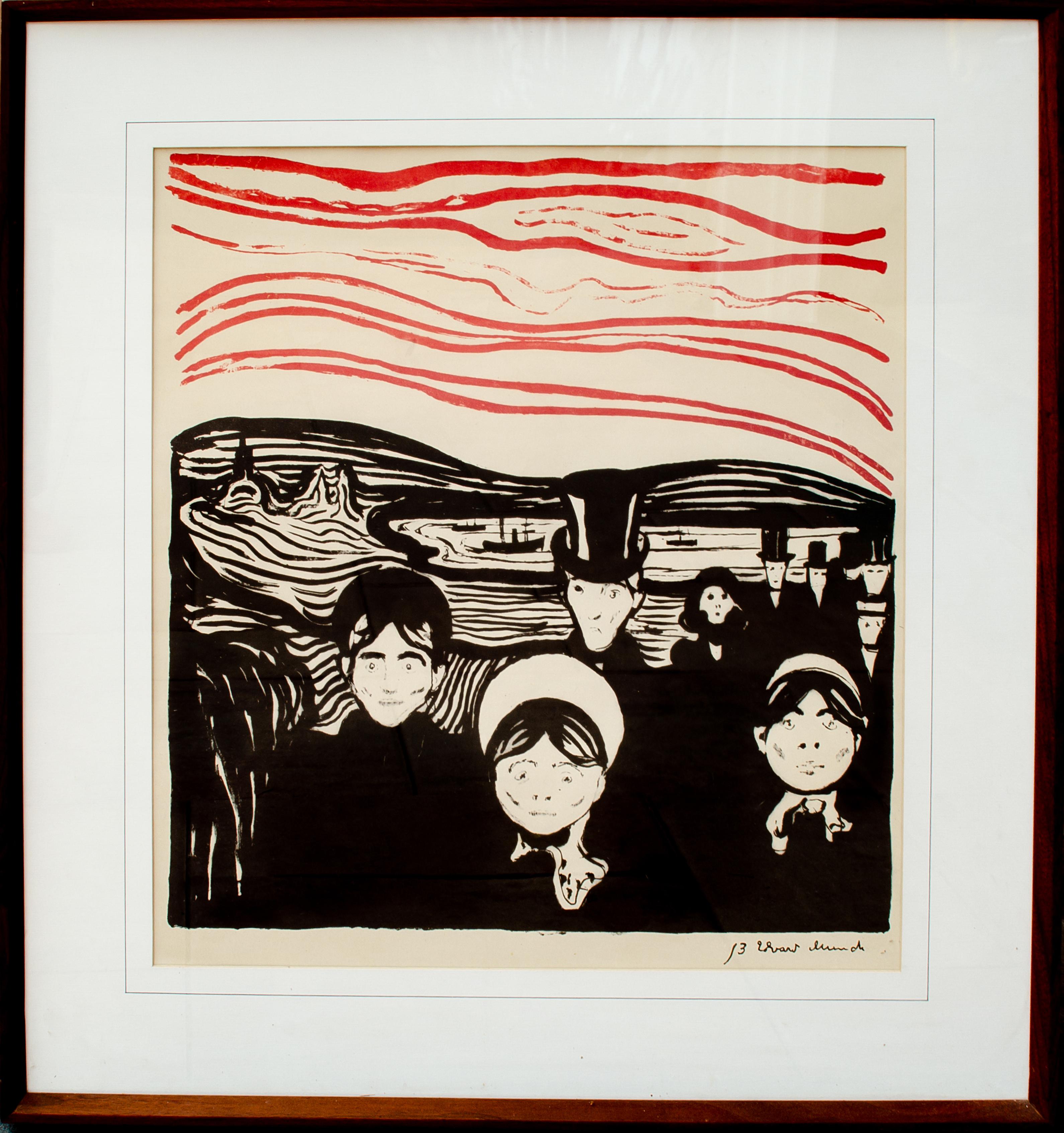 Dopo Edvard Munch (1863-1944)
Angst, originariamente eseguito nel 1896; questa riproduzione è probabilmente del XXI secolo.
Editore sconosciuto
Stampa digitale (?)
Vista: 22 1/2 x 20 1/8 pollici.
Incorniciato: 31 1/2 x 29 1/4 x 1 5/8