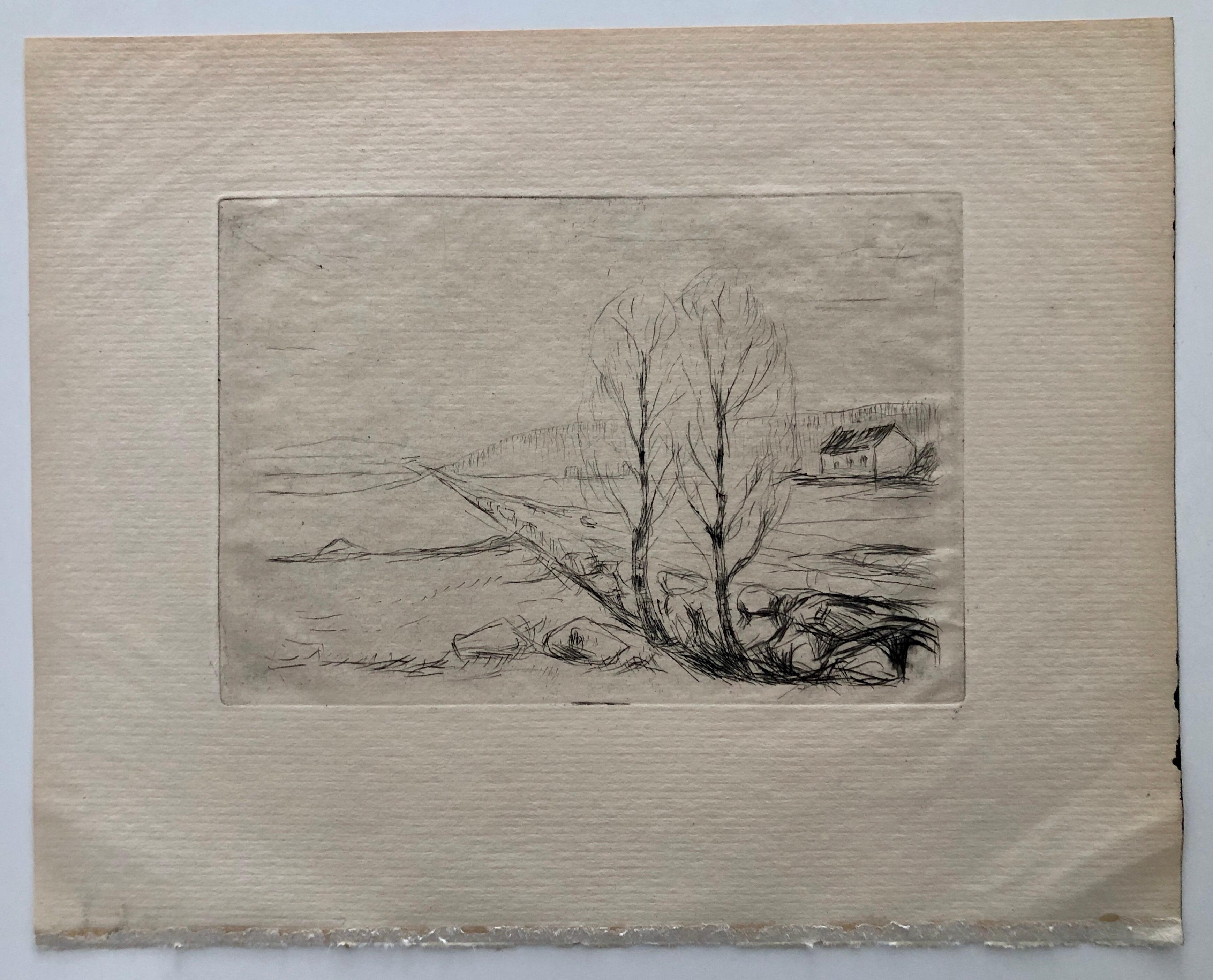 Original drypoint etching. Norwegian landscape with tree trunks, rocks, sky and cottage. 
Catalogue reference: Schiefler 268. Willoch catalogue entry 139. Published in Berlin by Paul Cassirer.

Edvard Munch Norwegian: 1863 – 1944, was a Norwegian