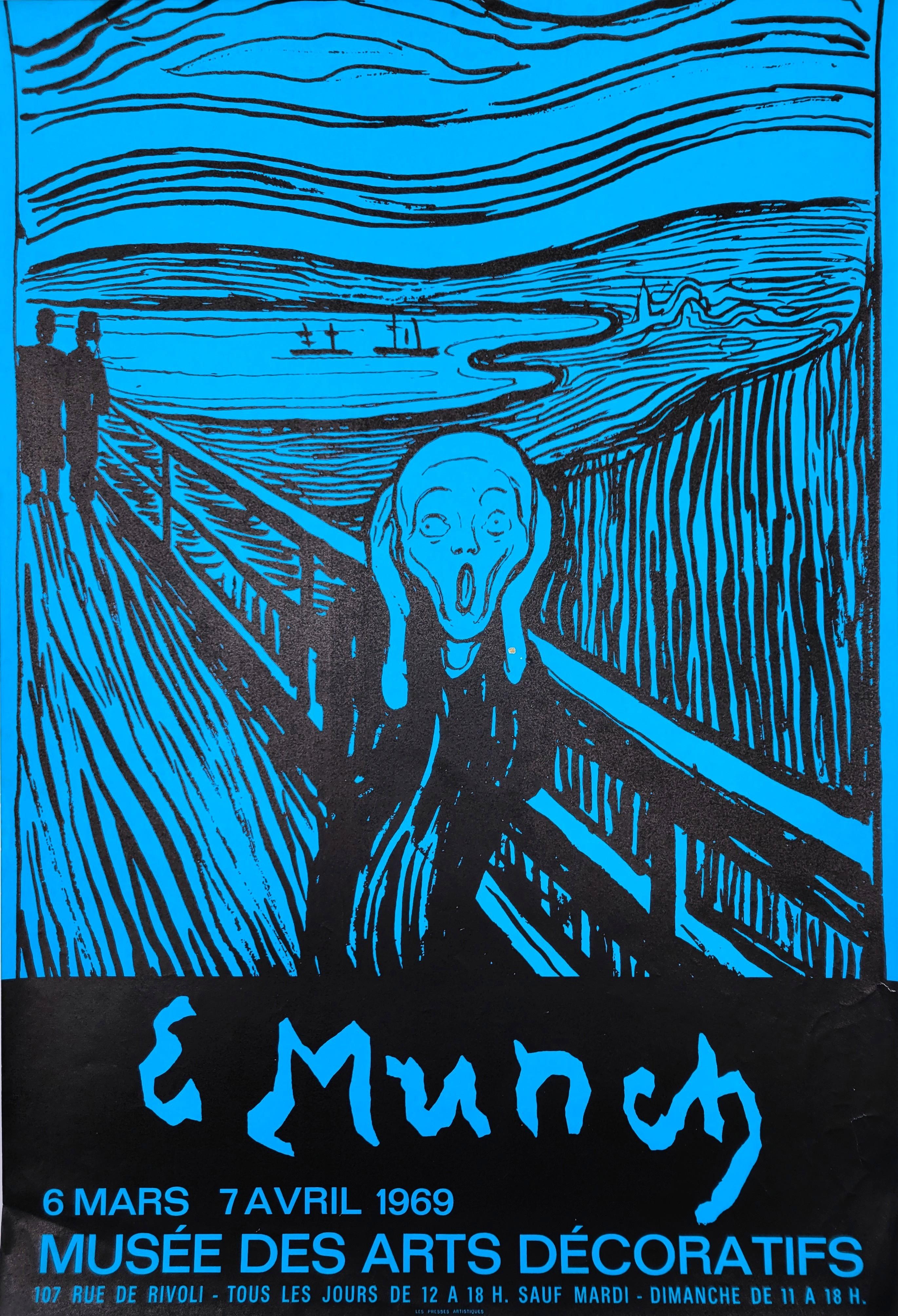 Artista: (After) Edvard Munch (noruego, 1863-1944)
Título: "Museo de Artes Decorativas (El Grito)"
Año: 1969
Soporte: Litografía original, cartel de exposición sobre papel tejido claro
Edición limitada: Desconocido
Imprenta: Les Presses Artistiques,