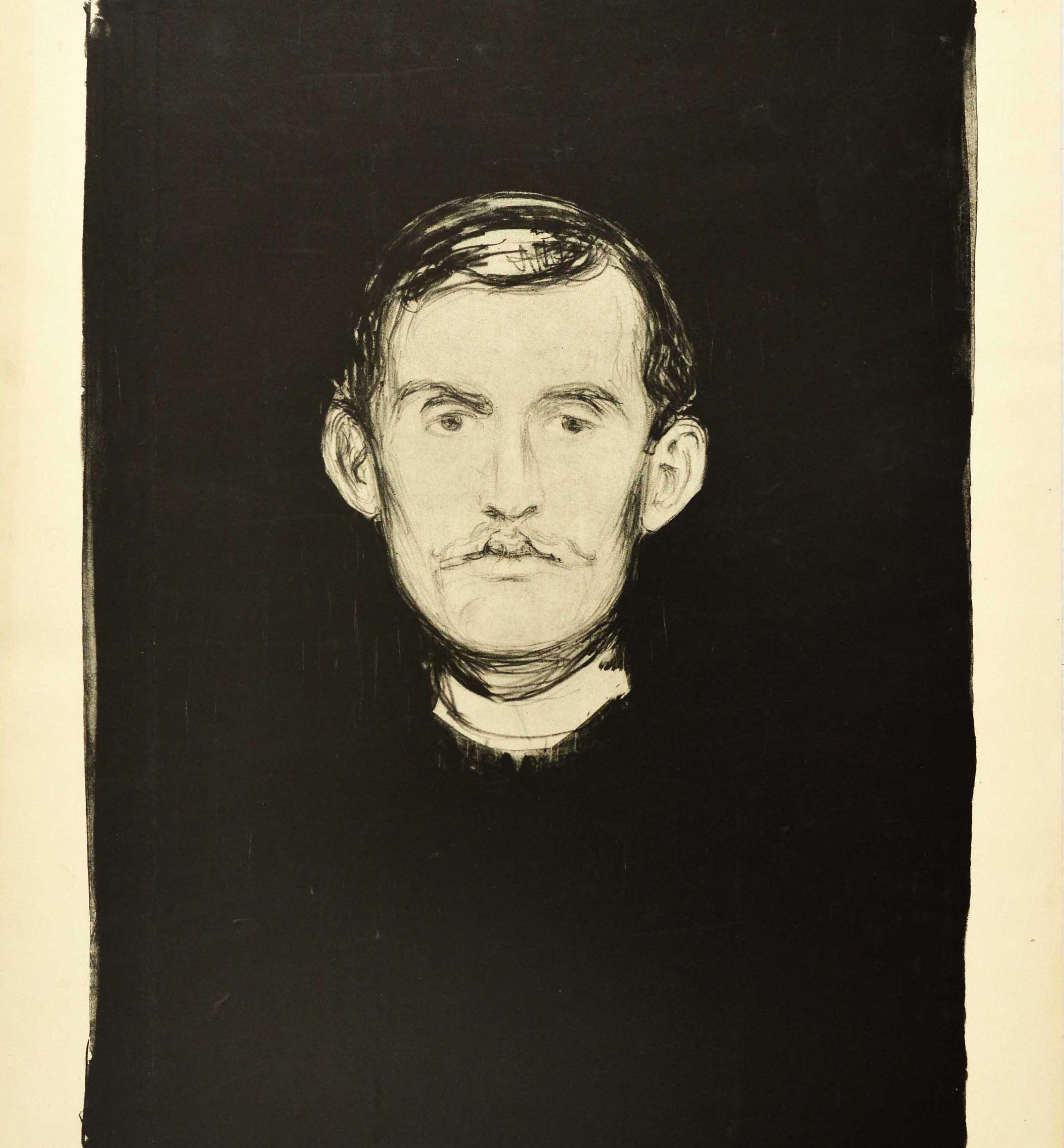 Original vintage advertising poster for an Edvard Munch exhibition held at the Haus der Kunst museum in Munich from 12 November to 19 December featuring Munch's 1895 needle and ink self-portrait depicting himself looking at the viewer set over a
