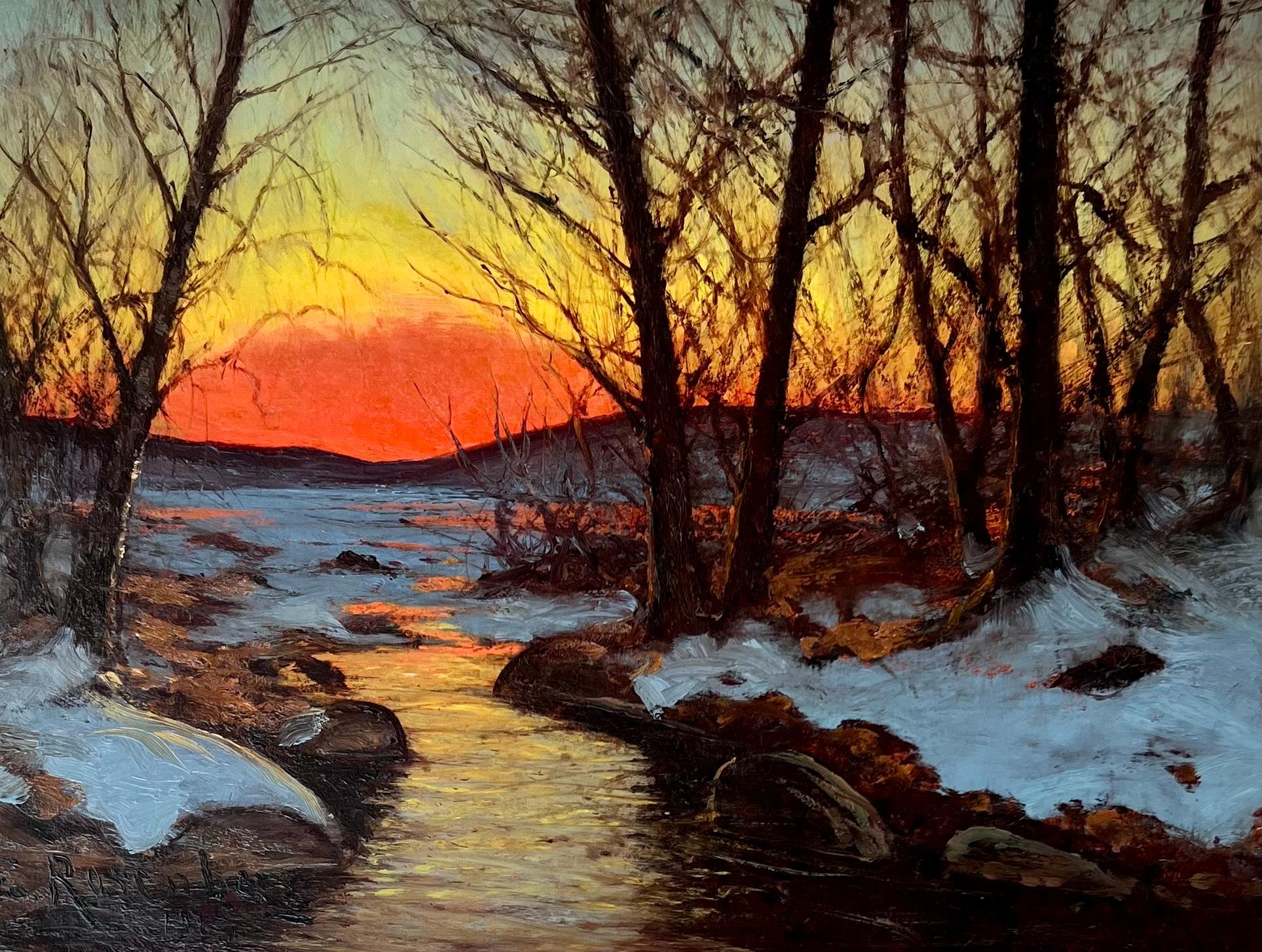 Tramonto sul lago in inverno - Painting Postimpressionismo di Edvard Rosenberg