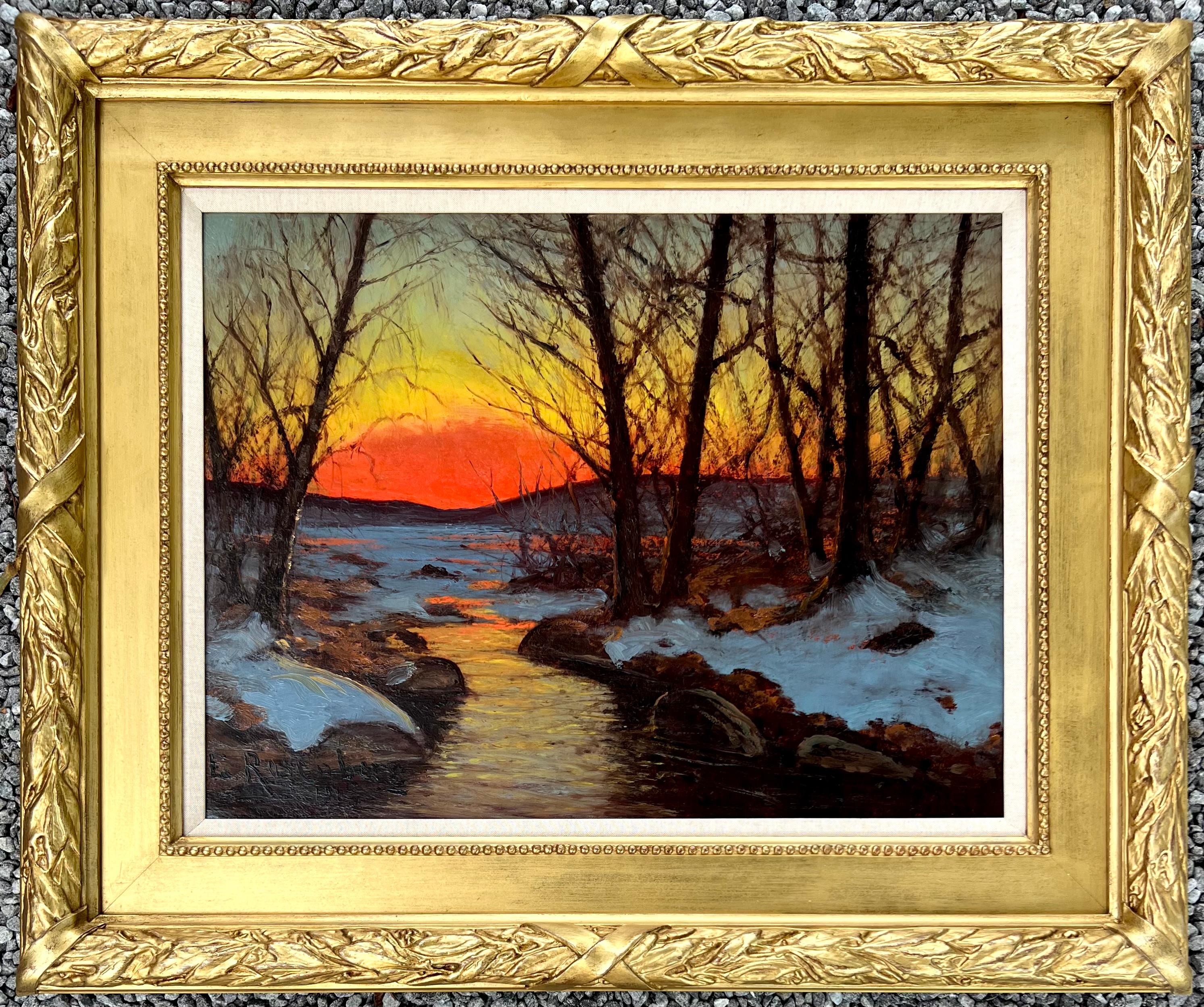 Tramonto sul lago in inverno - Landscape Painting Marrone di Edvard Rosenberg