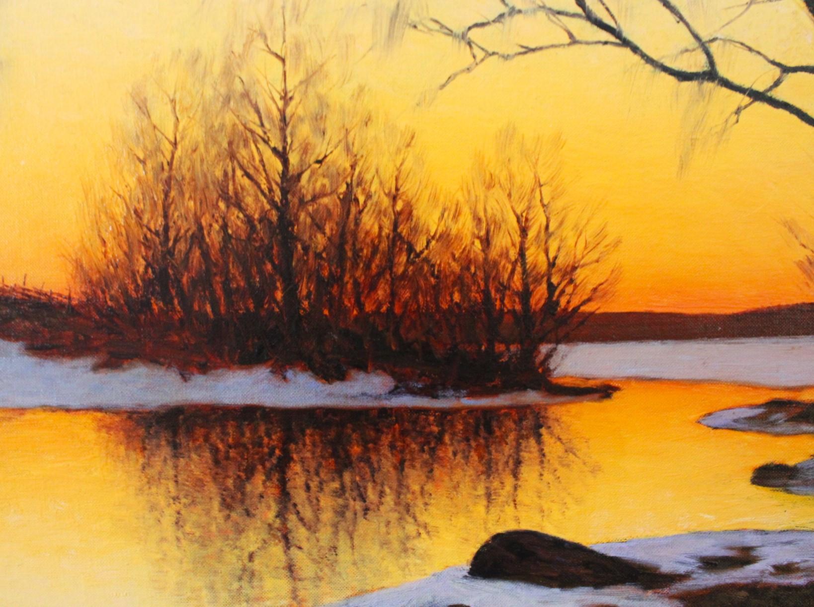 Paisaje invernal de nieve derretida y atardecer reflexivo, Óleo sobre lienzo - Painting Impresionista de Edvard Rosenberg