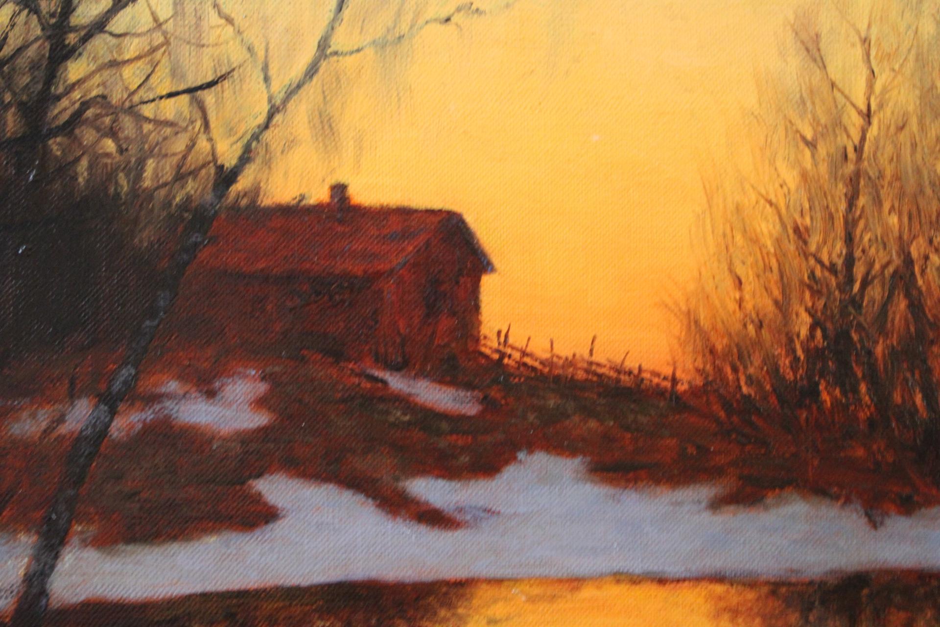 Paisaje invernal de nieve derretida y atardecer reflexivo, Óleo sobre lienzo - Landscape Painting Marrón de Edvard Rosenberg