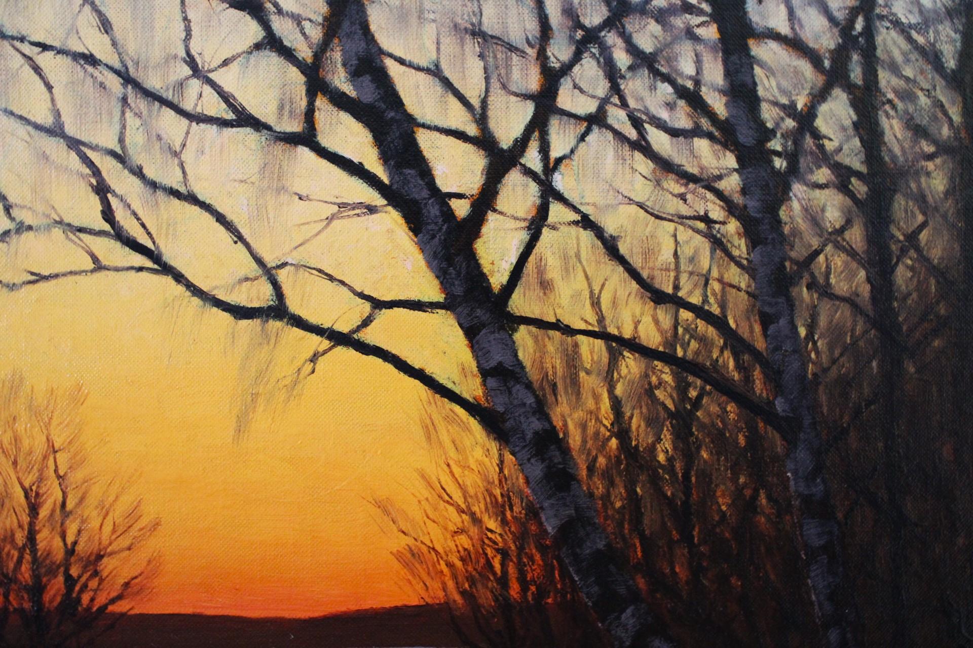 Paisaje invernal de nieve derretida y atardecer reflexivo, Óleo sobre lienzo en venta 1