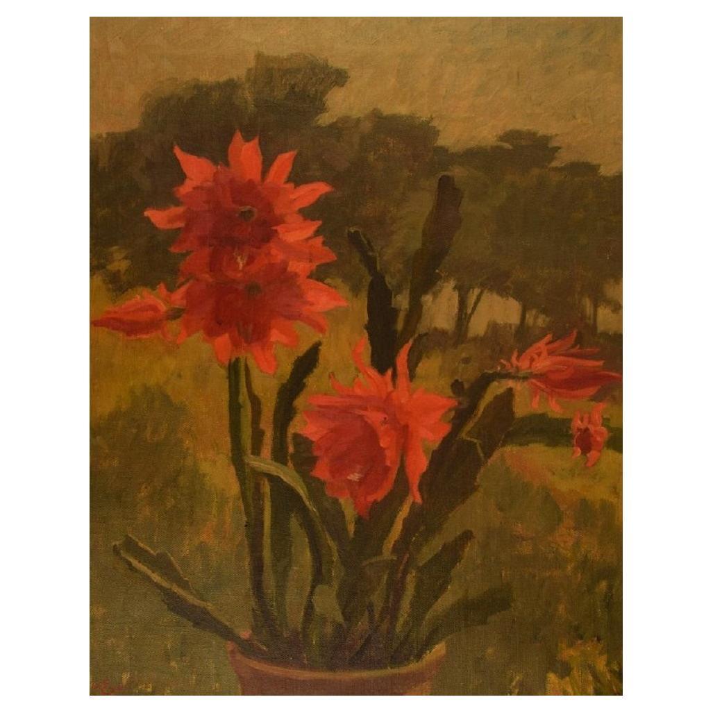 Edvard Sarvig, Denmark, Oil on Canvas, Flowers in Pot, Dated 1951 For Sale