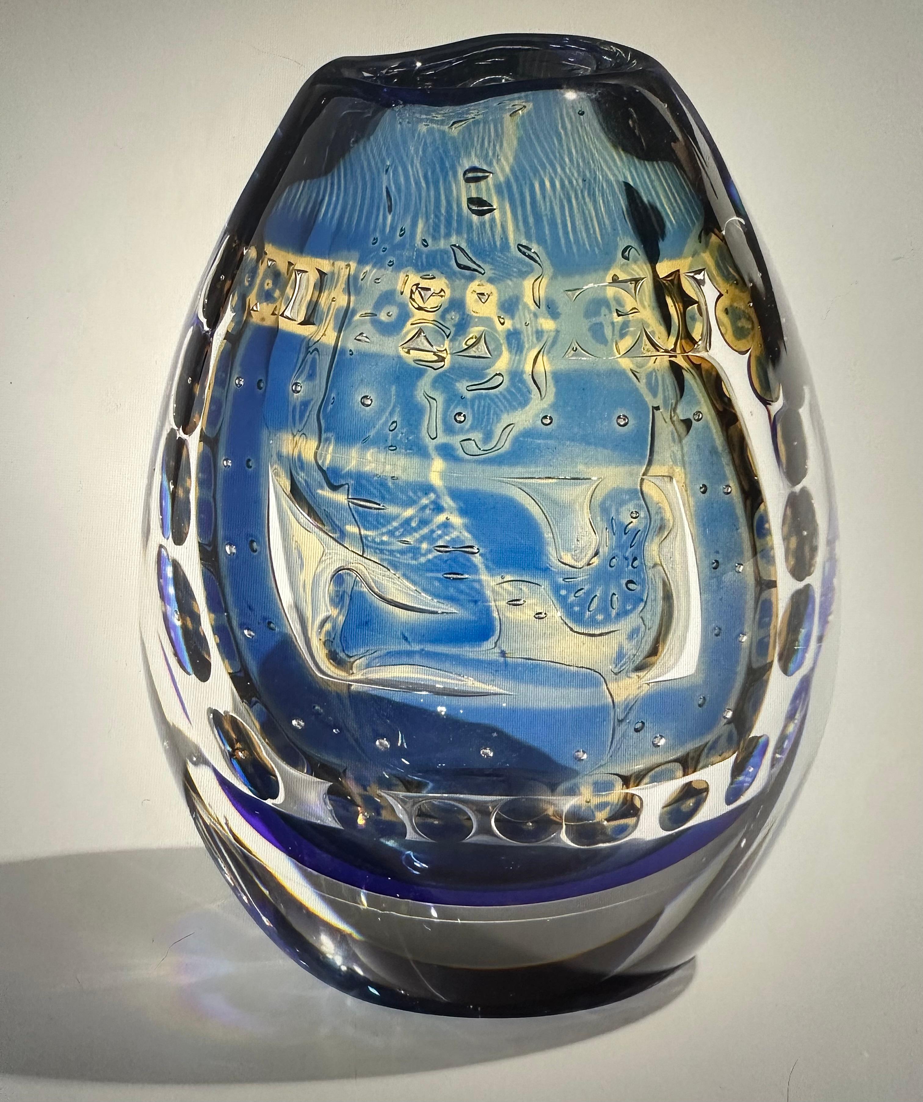 Mid-Century Modern Edvin Ohrstrom Orrefors Ariel Art Glass Vase in vibrant blue and yellow Signed  For Sale