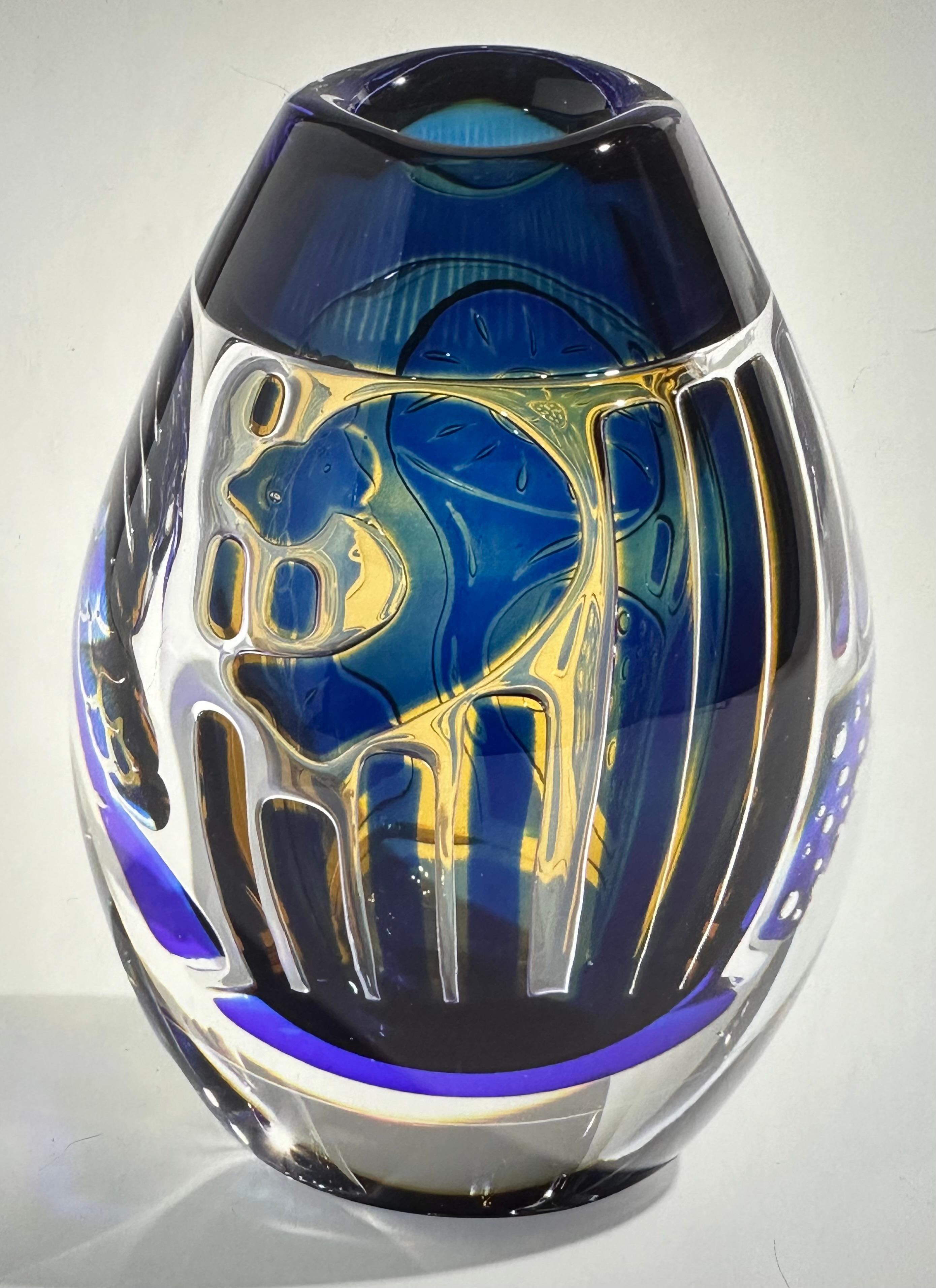 Mid-20th Century Edvin Ohrstrom Orrefors Ariel Art Glass Vase in vibrant blue and yellow Signed  For Sale