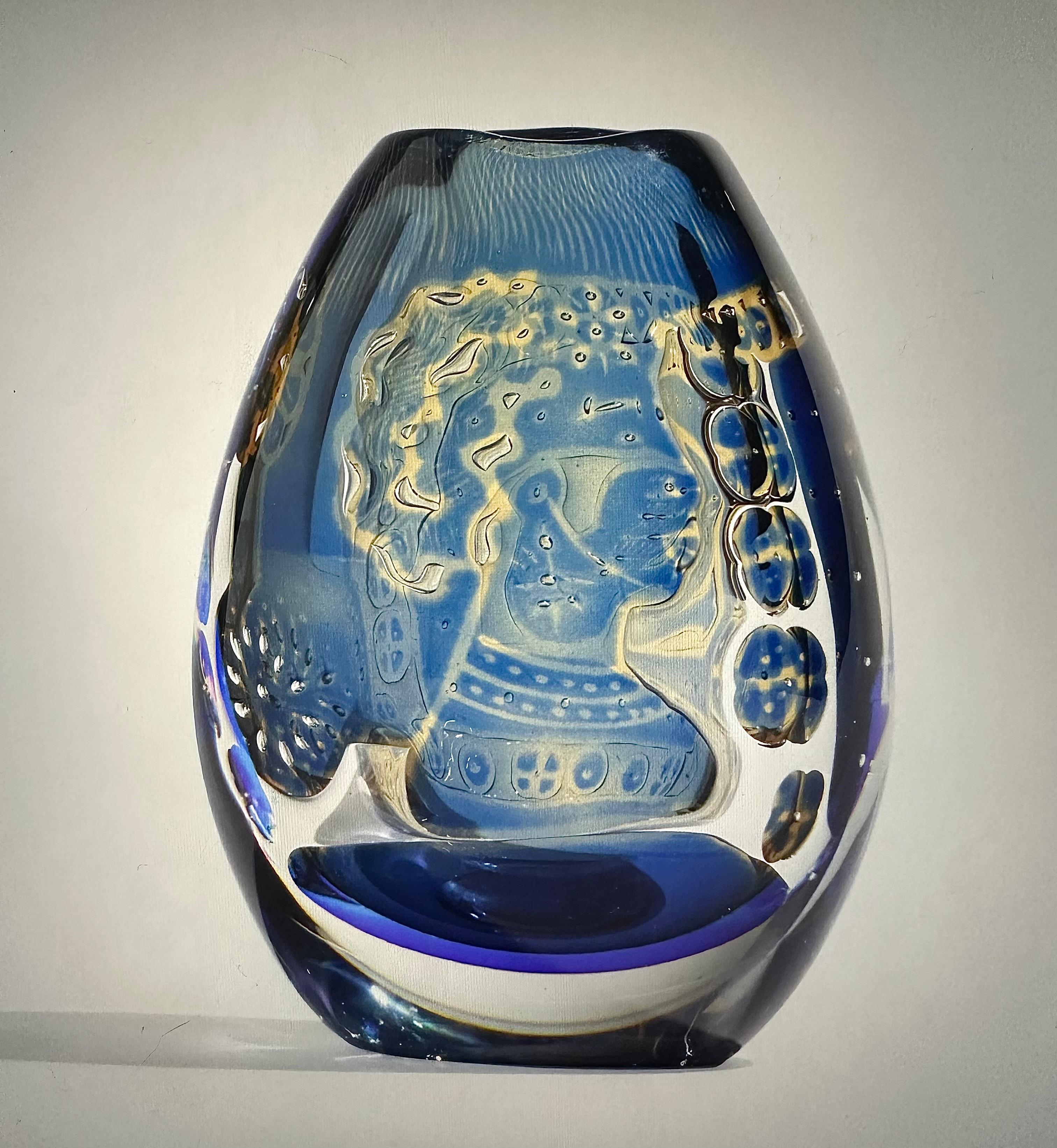 Swedish Edvin Ohrstrom Orrefors Ariel Art Glass Vase in vibrant blue and yellow Signed  For Sale