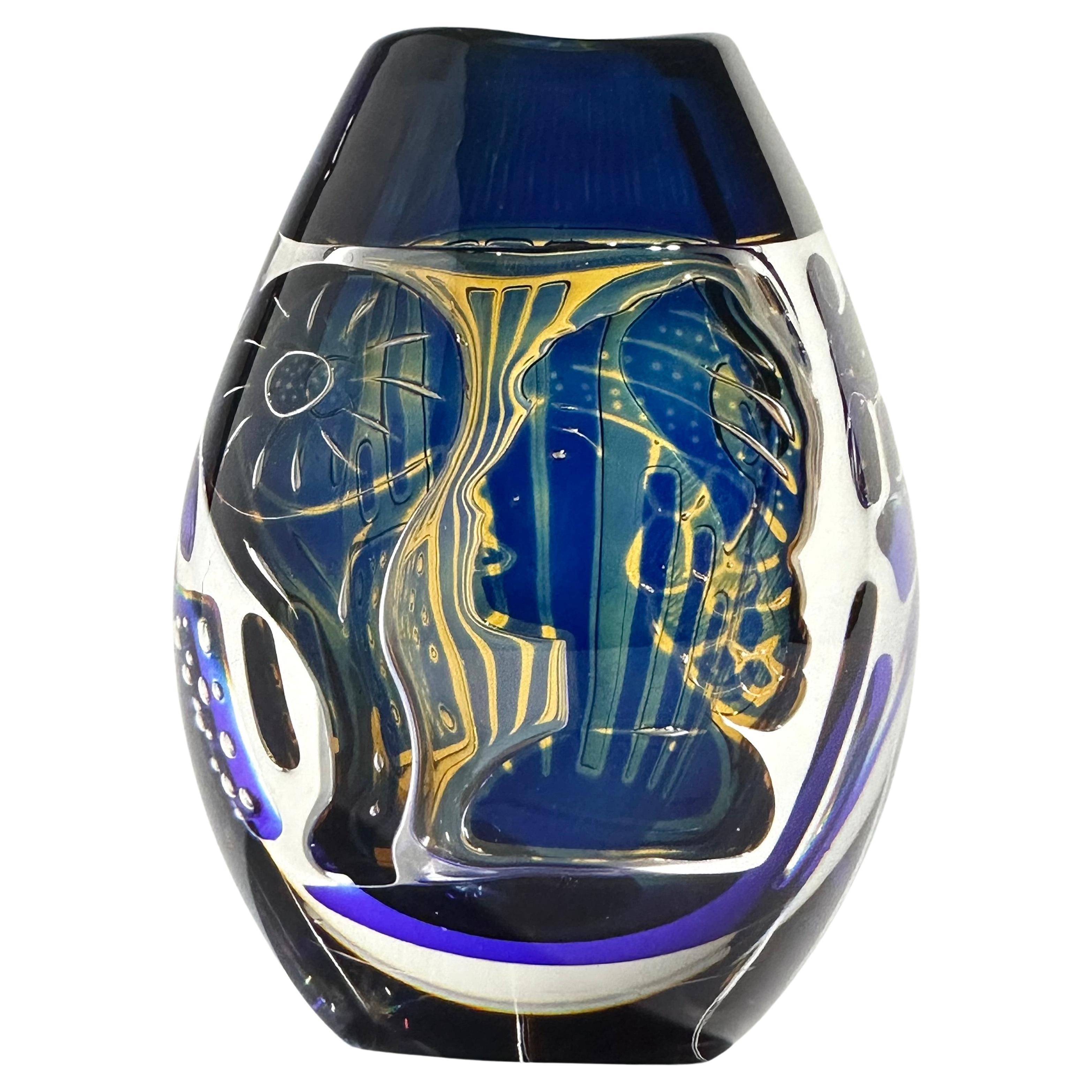 Vaso in vetro artistico Orrefors Ariel di Edvin Ohrstrom in blu e giallo vivaci Firmato