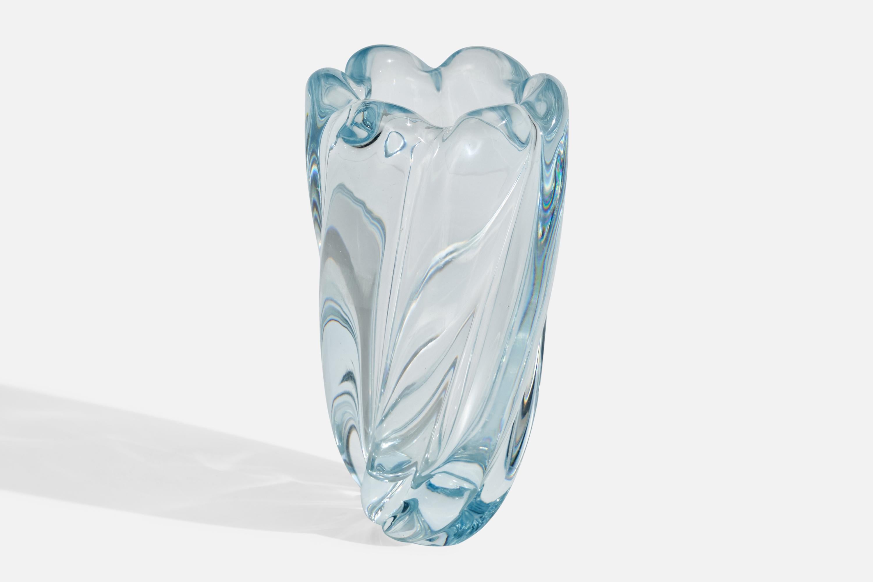 A blue blown-glass vase designed by Edvin Öhrström and produced by Orrefors, Sweden, c. 1940s.
