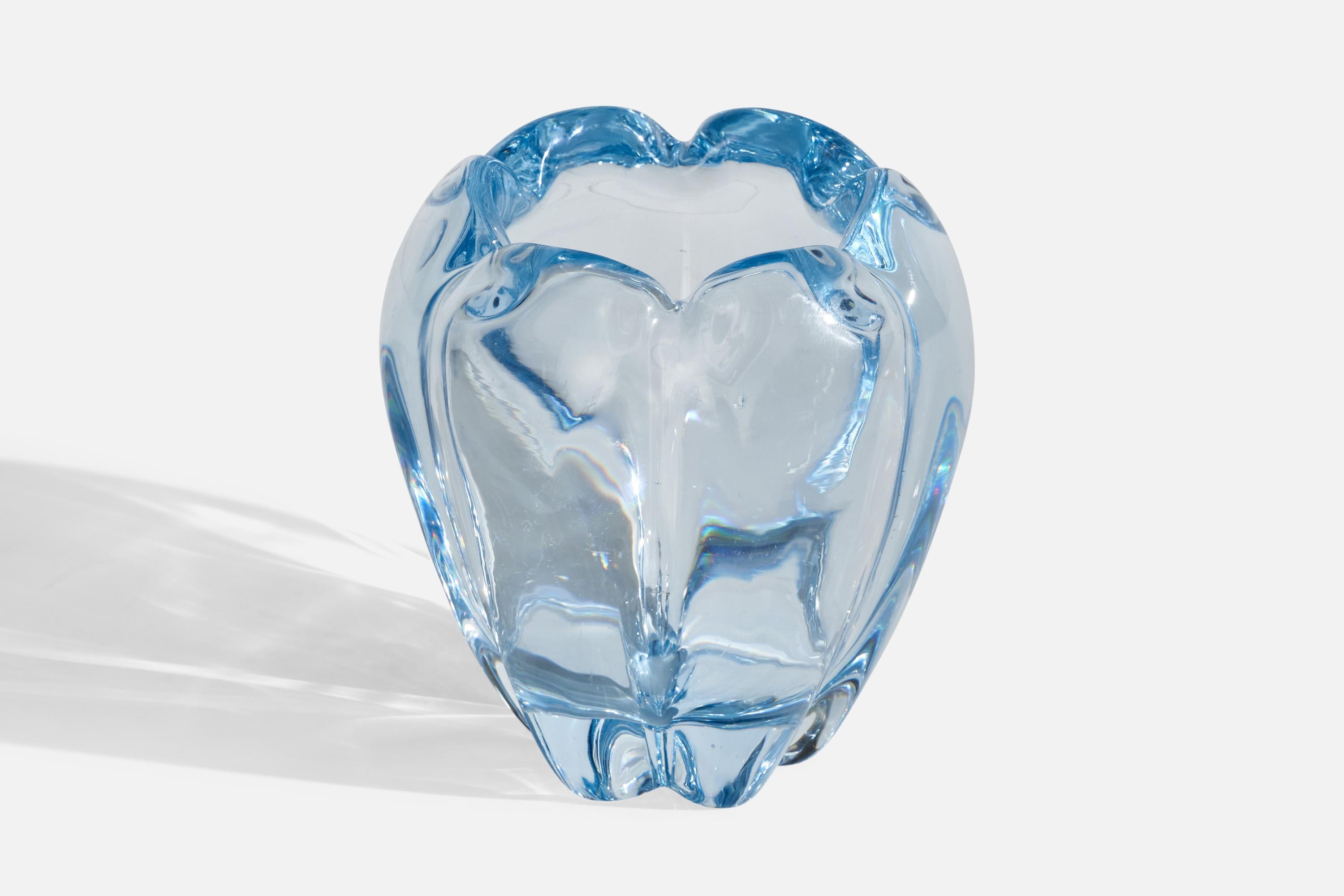 A blue blown glass vase designed by Edvin Öhrström and produced by Orrefors, Sweden, c. 1940s.
