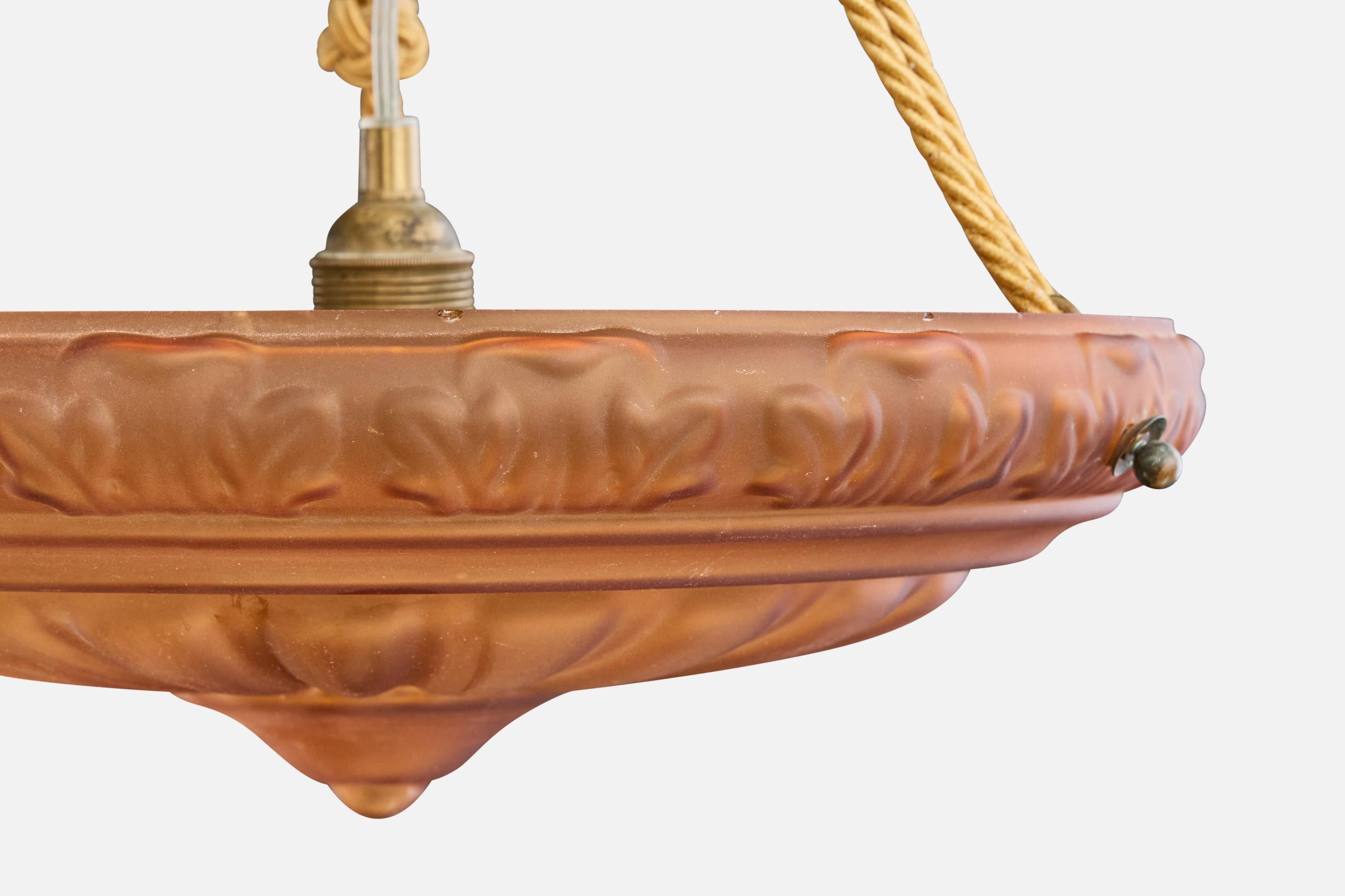 Metà XX secolo Edvin Ollers Attribution, lampada a sospensione, vetro, corda, ottone, Svezia, anni '30 in vendita