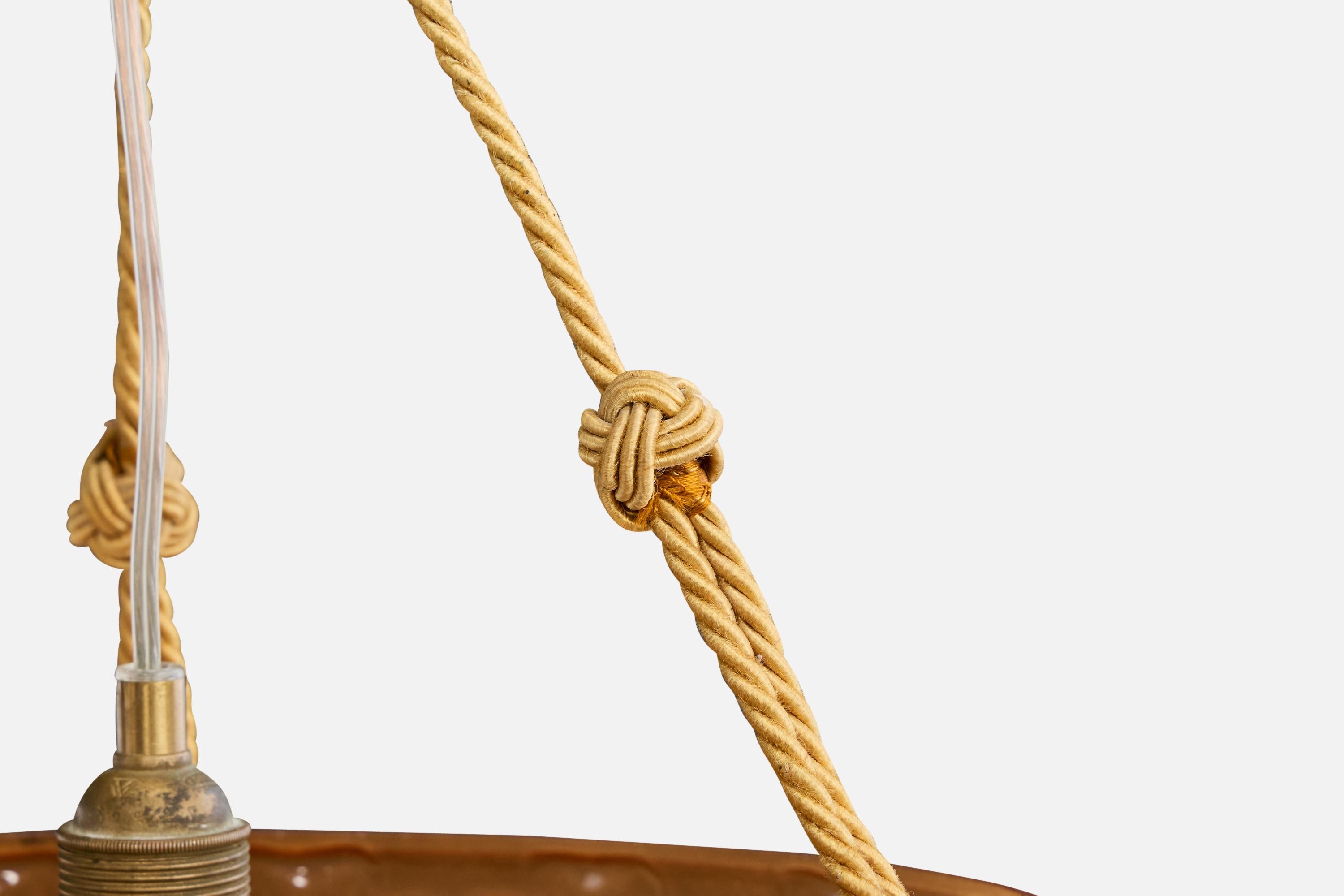 Edvin Ollers Attribution, lampada a sospensione, vetro, corda, ottone, Svezia, anni '30 in vendita 2