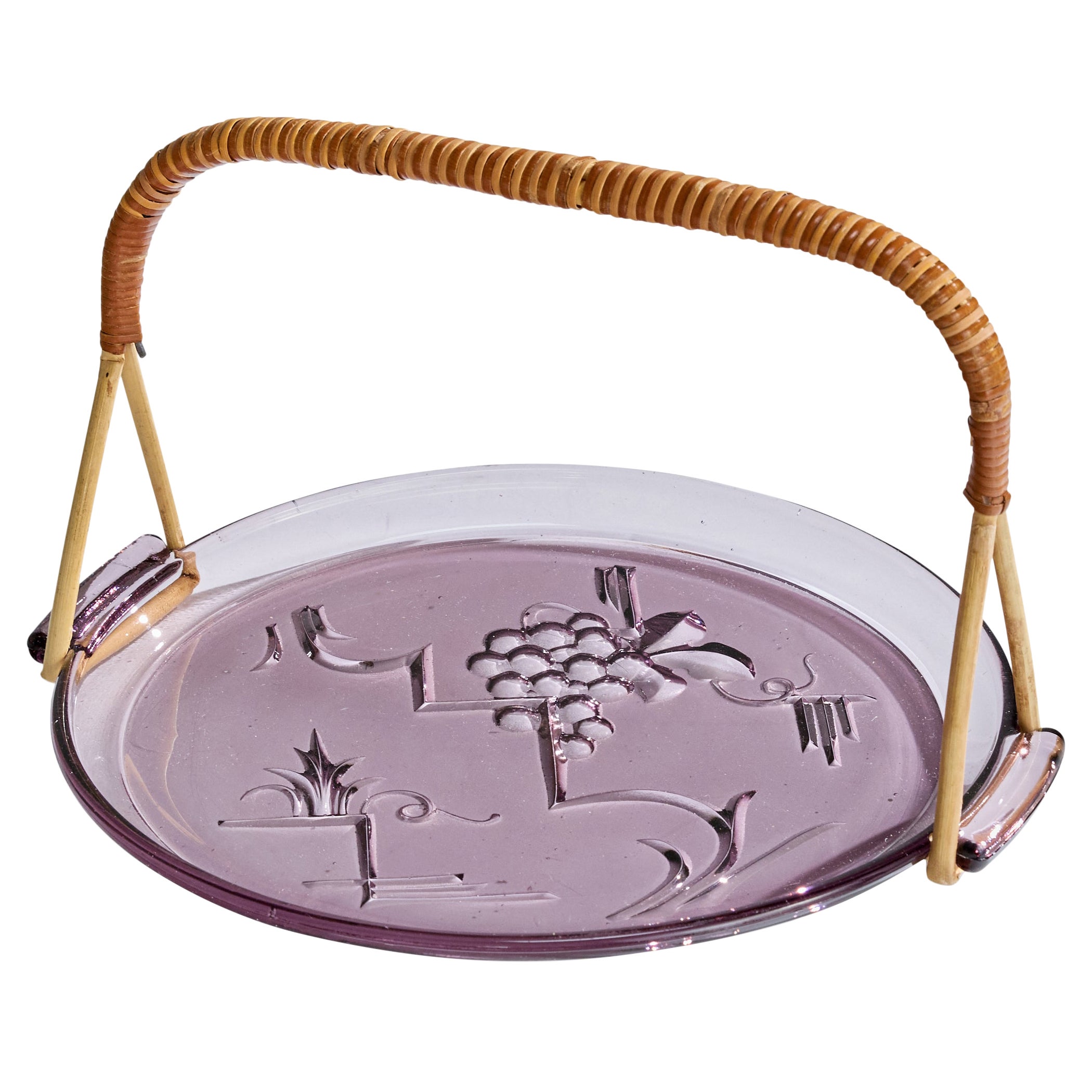 Edvin Ollers Attribution, Serving Dish, Glass, Rattan Sweden, 1920s For Sale