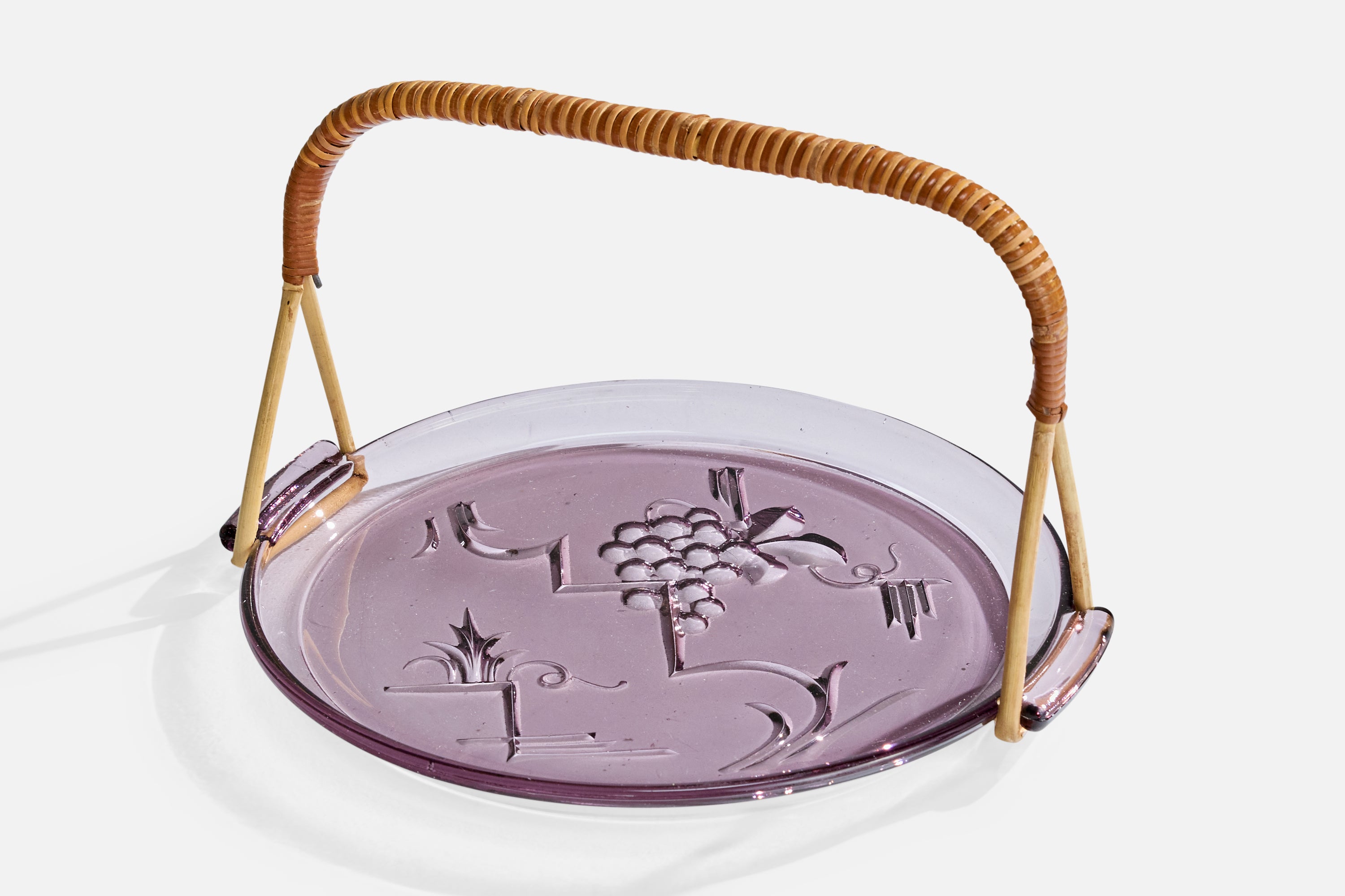 Edvin Ollers Attribution, plat de service, verre, rotin Suède, années 1920 en vente