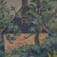 Edvin Ollers, Óleo sobre tabla,  "Motivo de jardín" , Firmado y fechado en 1943