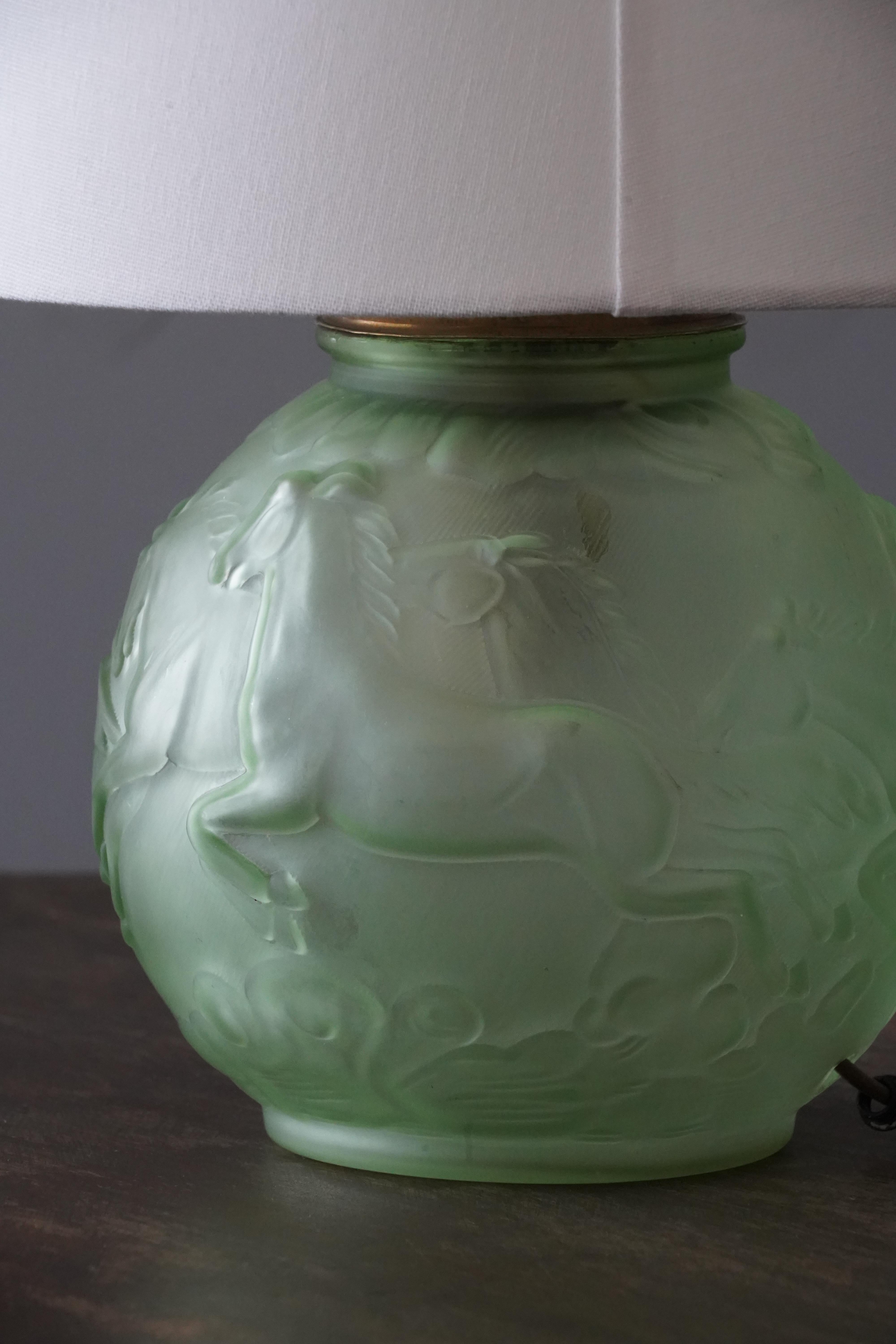 Art Deco Edvin Ollers, Table Lamp, Green Glass, Brass, Elme Glasbruk, Sweden, 1930s