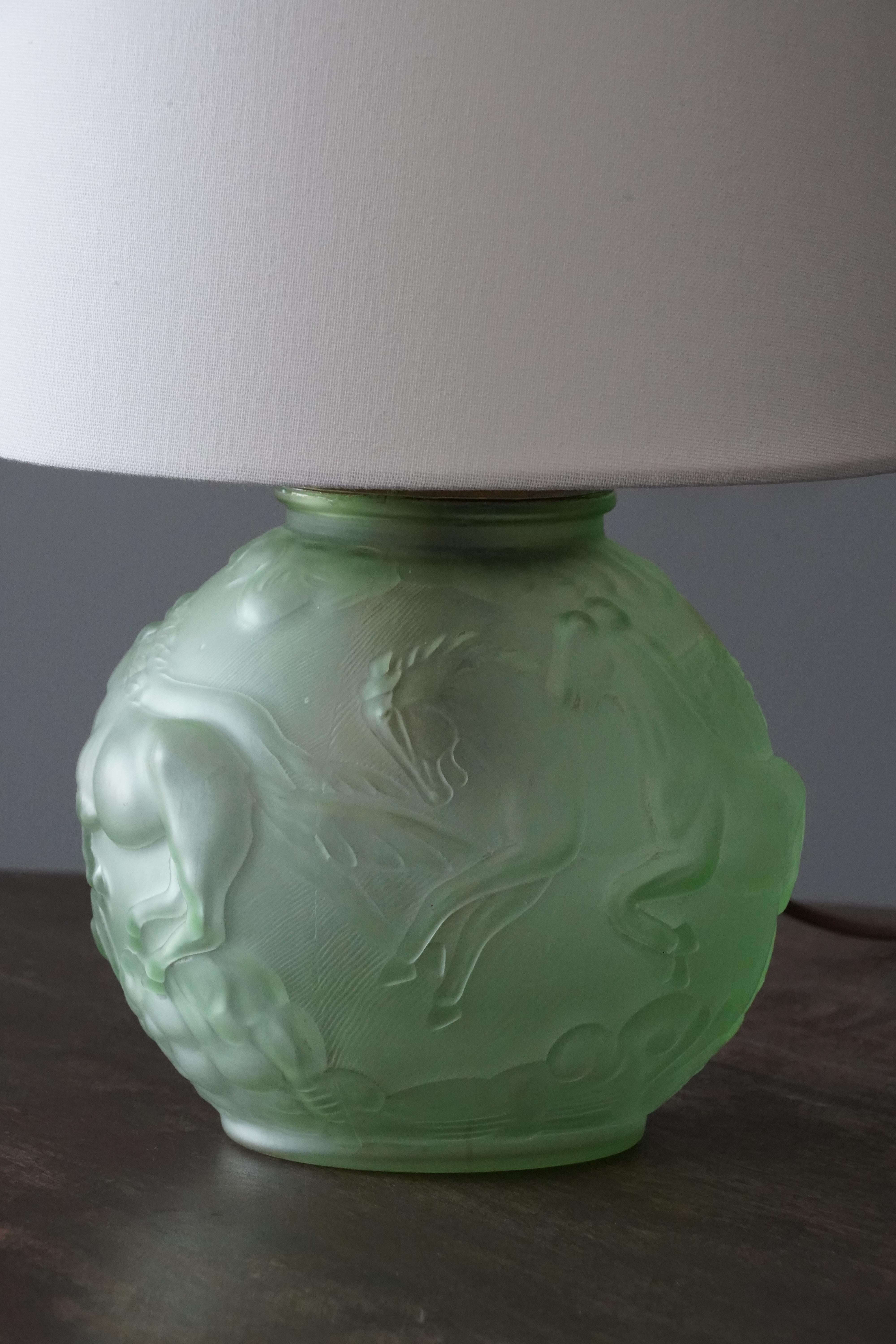 Swedish Edvin Ollers, Table Lamp, Green Glass, Brass, Elme Glasbruk, Sweden, 1930s