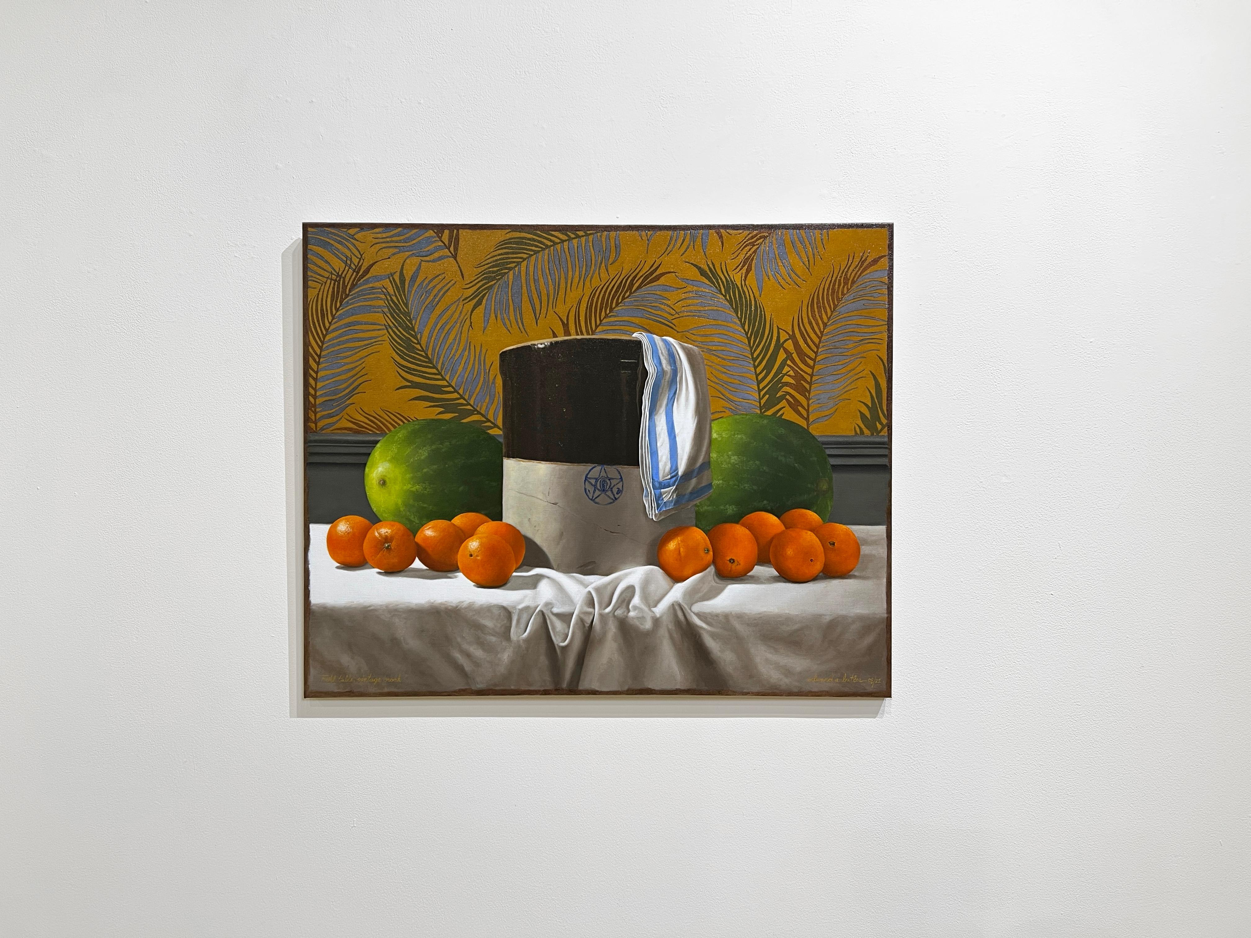 MESA DE OTOÑO, VINTAGE CROCK - Bodegón Contemporáneo / Realismo / Fruta - Painting de Edward A. Butler