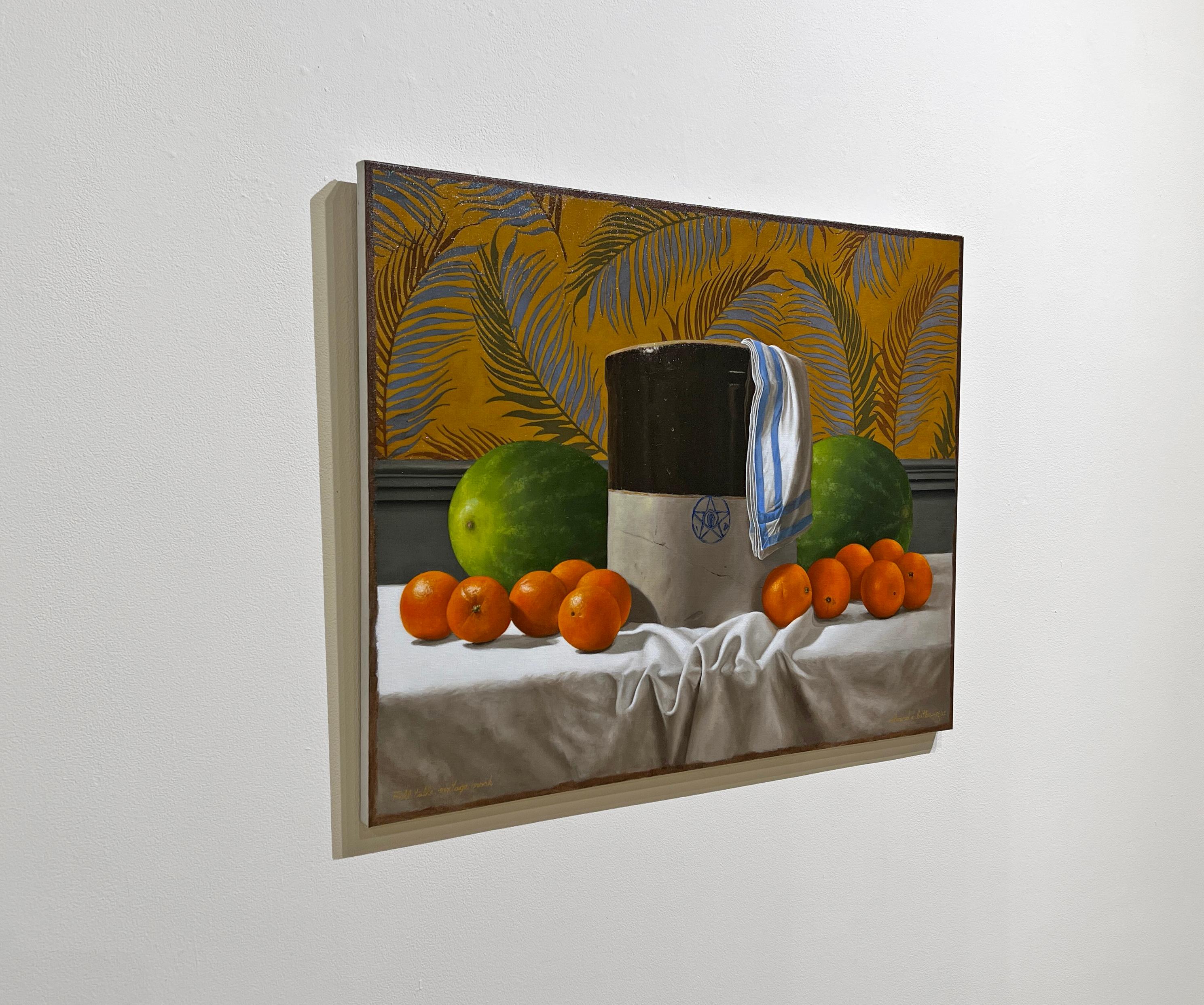 MESA DE OTOÑO, VINTAGE CROCK - Bodegón Contemporáneo / Realismo / Fruta - Still-Life Painting Marrón de Edward A. Butler