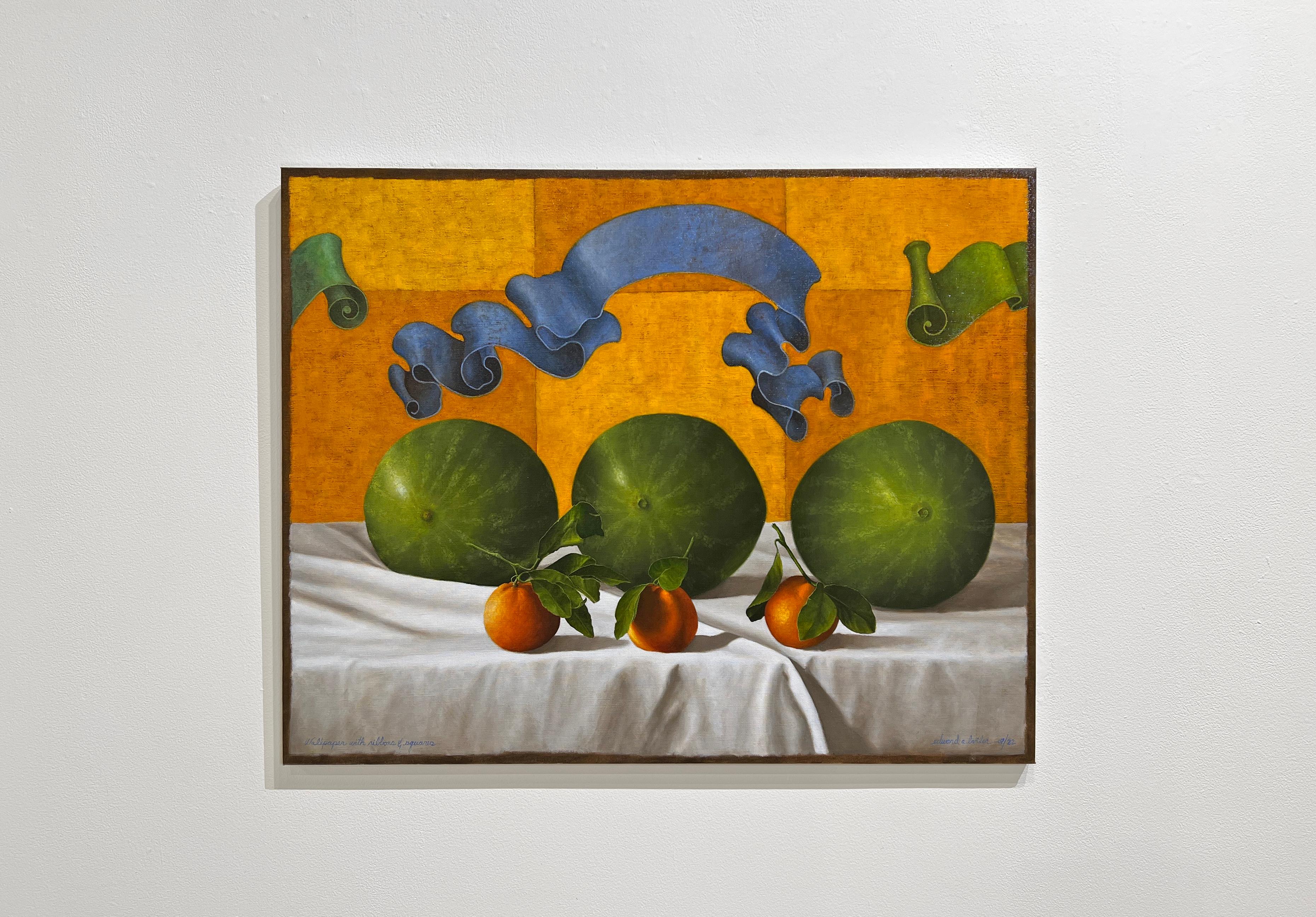 WALLPAPER WITH RIBBONS & SQUARES - Contemporary Still Life / Realism / Fruit - Painting by Edward A. Butler