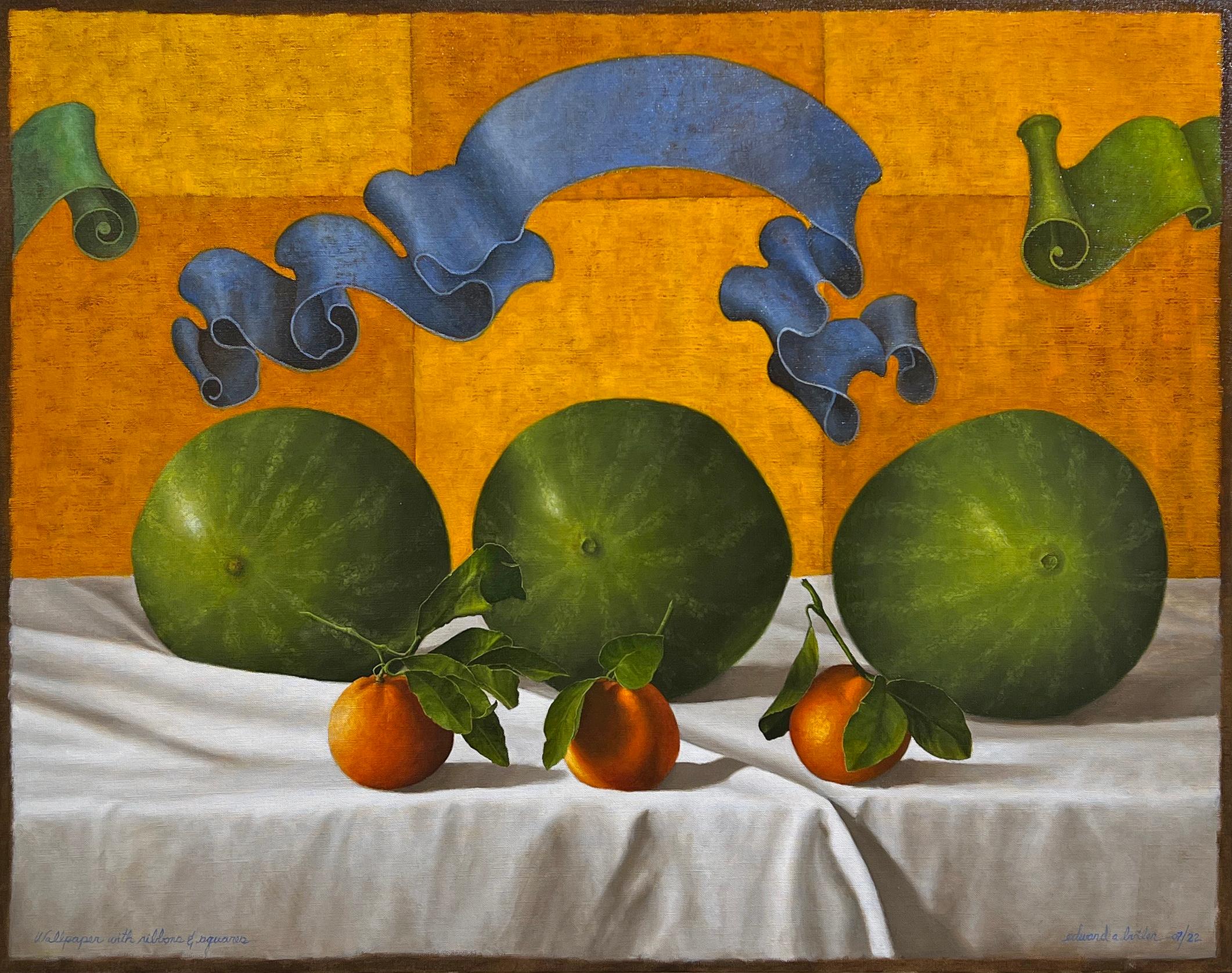 Edward A. Butler Still-Life Painting - WALLPAPER WITH RIBBONS & SQUARES - Contemporary Still Life / Realism / Fruit