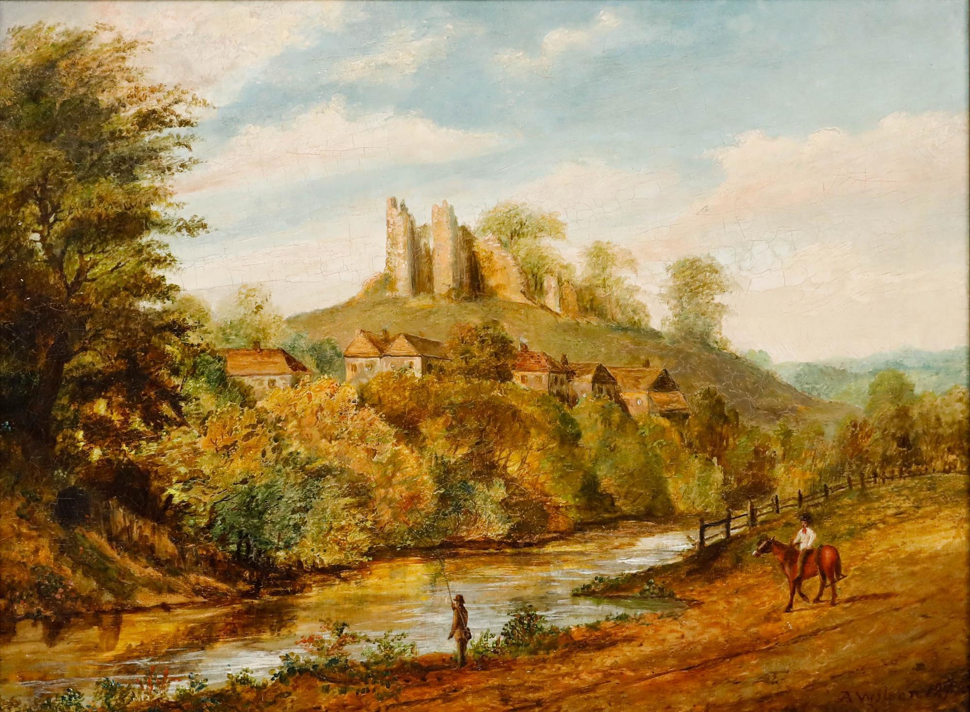 A. Wilson - Gerahmtes Öl aus dem 19. Jahrhundert, Fischen bei den Ruinen – Painting von Edward A. Wilson