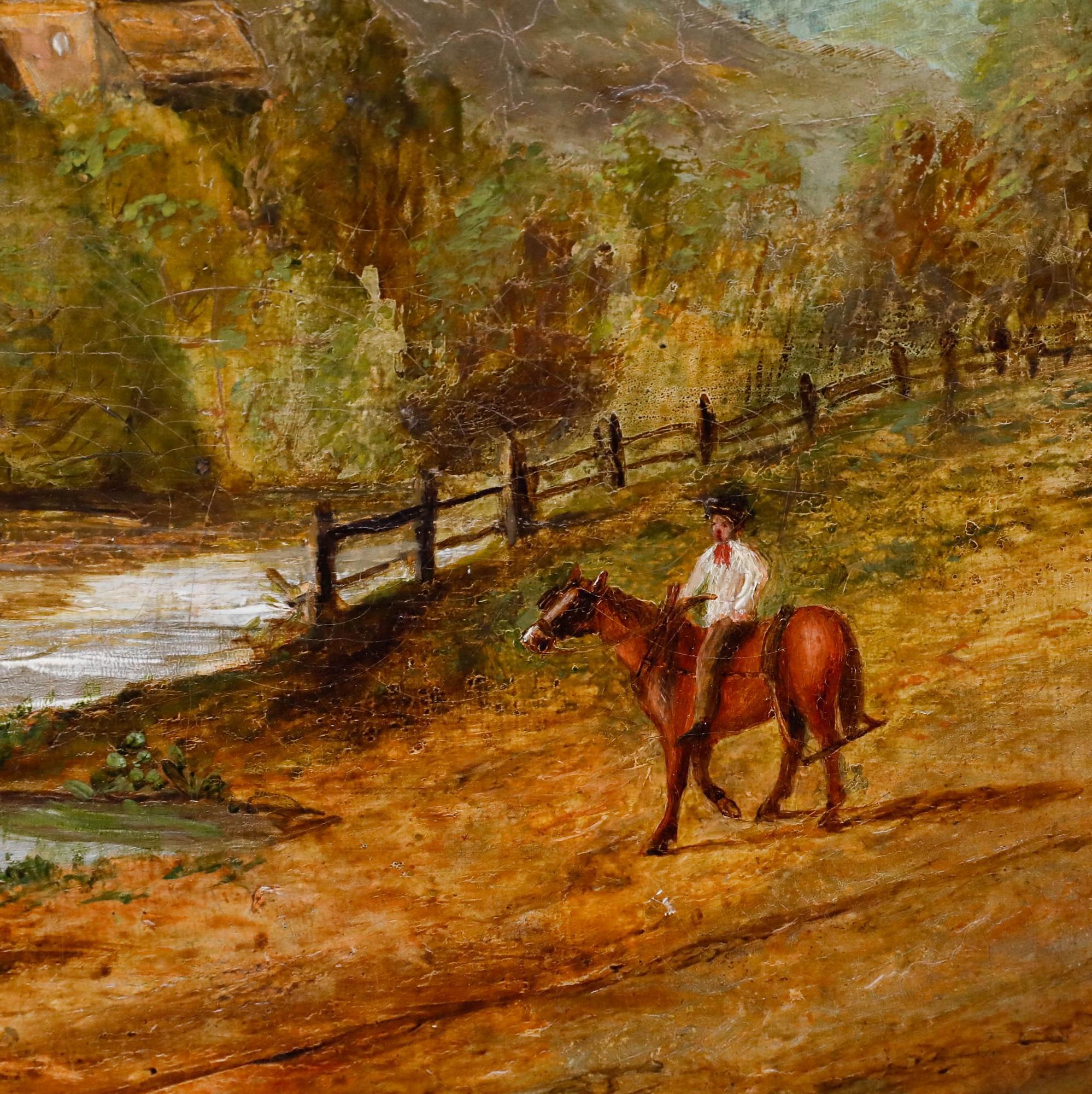 Eine reizvolle Öllandschaft, die einen Reiter und einen Fischer zeigt, die sich unter dem stillen Blick der Burgruine einer ländlichen Tätigkeit widmen. Präsentiert in einem vergoldeten und geschwungenen Rahmen mit kunstvollen Blumen- und