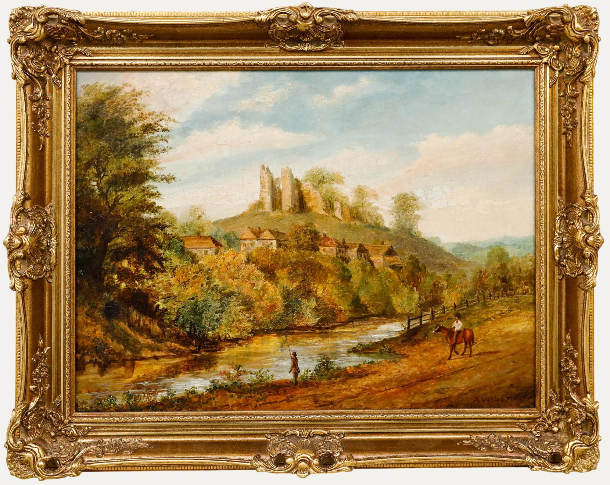 Edward A. Wilson Landscape Painting – A. Wilson - Gerahmtes Öl aus dem 19. Jahrhundert, Fischen bei den Ruinen
