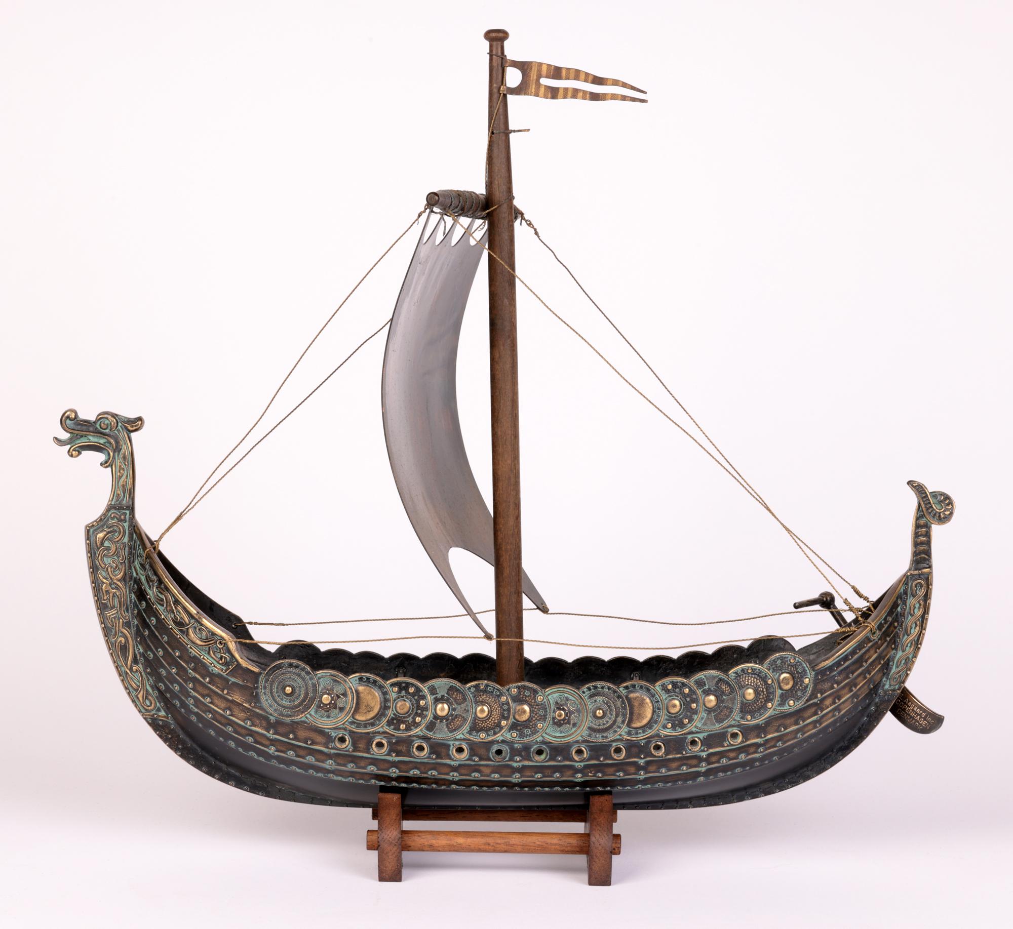 Edward Aagaard Mid-Century Danish Bronze Model Viking Ship on Stand 2