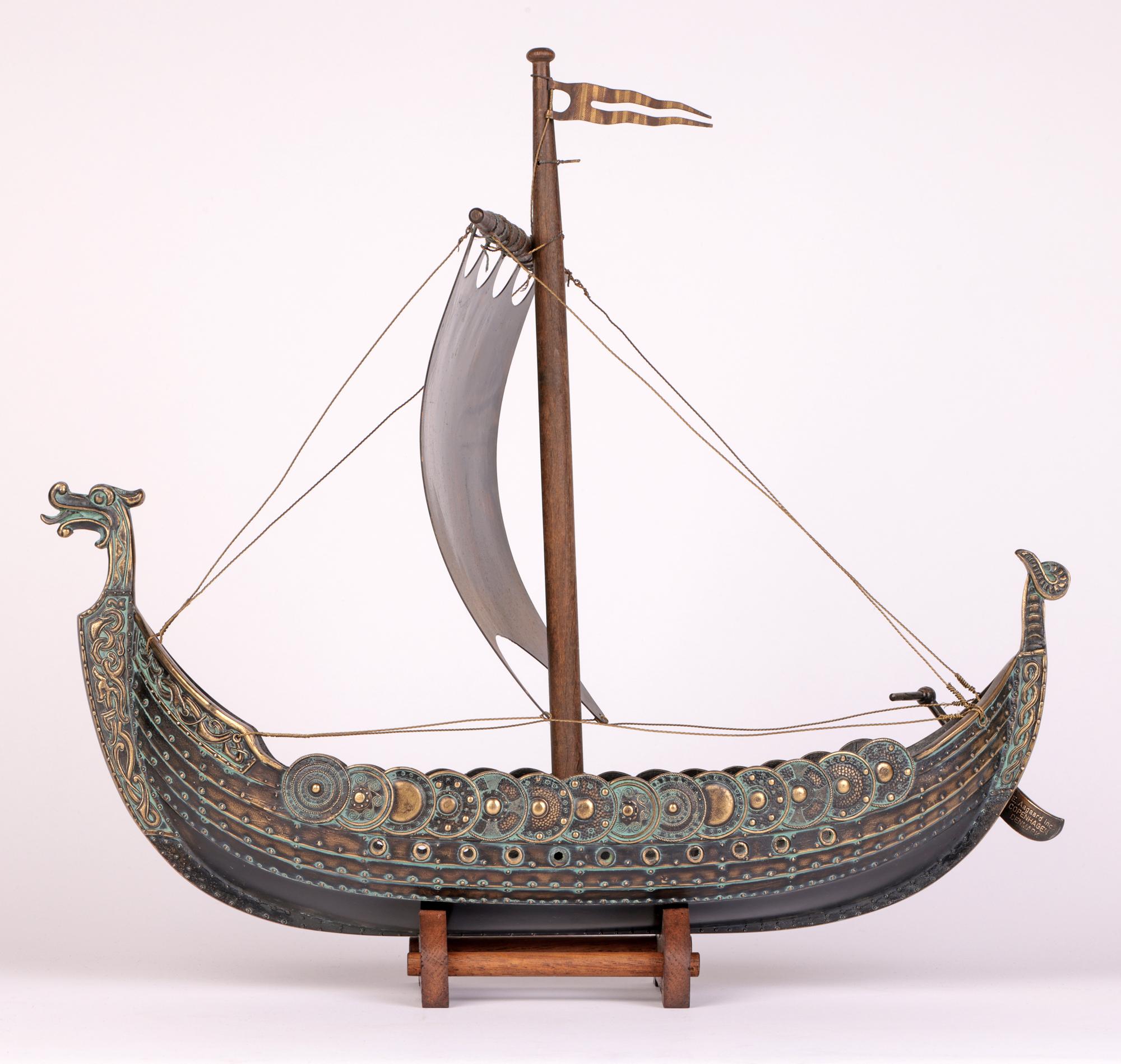 Edward Aagaard Mid-Century Danish Bronze Model Viking Ship on Stand 5