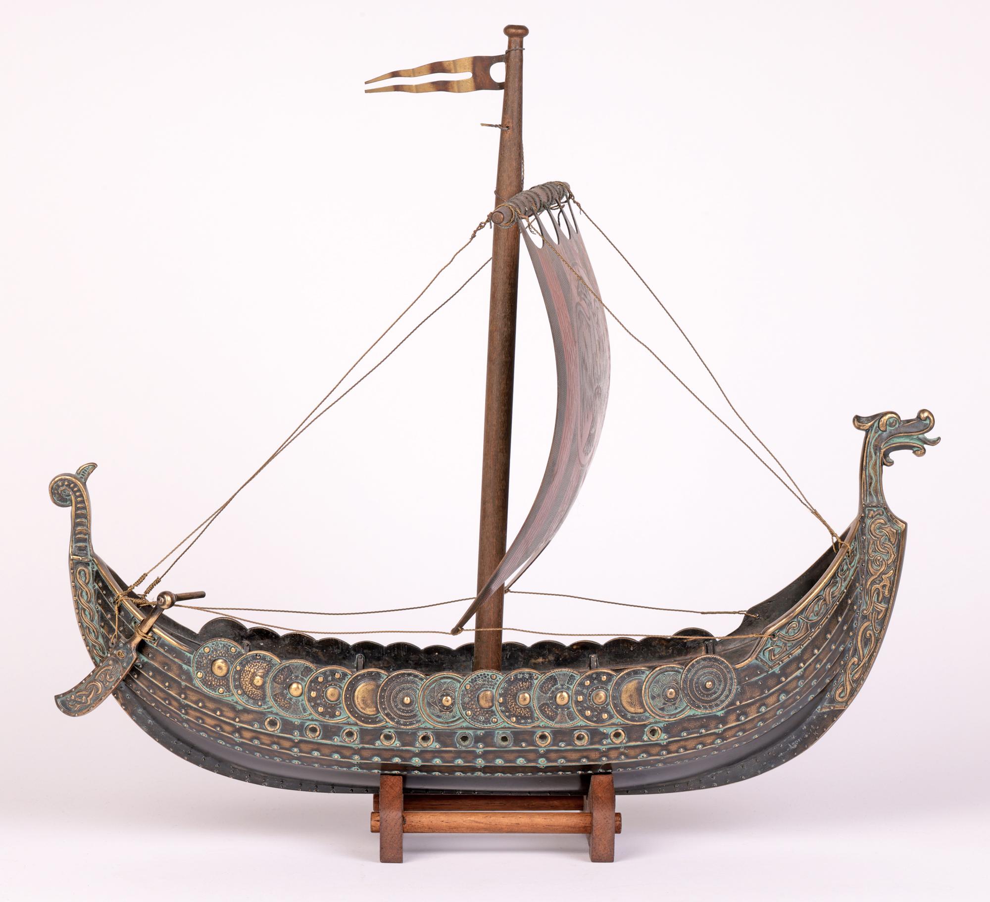 Mid-Century Modern Edward Aagaard Mid-Century Danish Bronze Model Viking Ship on Stand