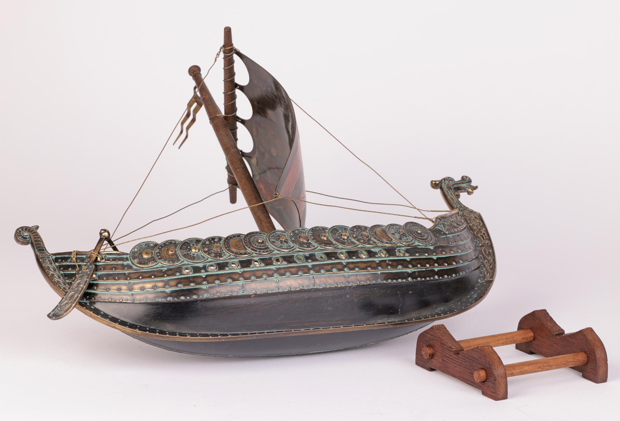 Hand-Crafted Edward Aagaard Mid-Century Danish Bronze Model Viking Ship on Stand