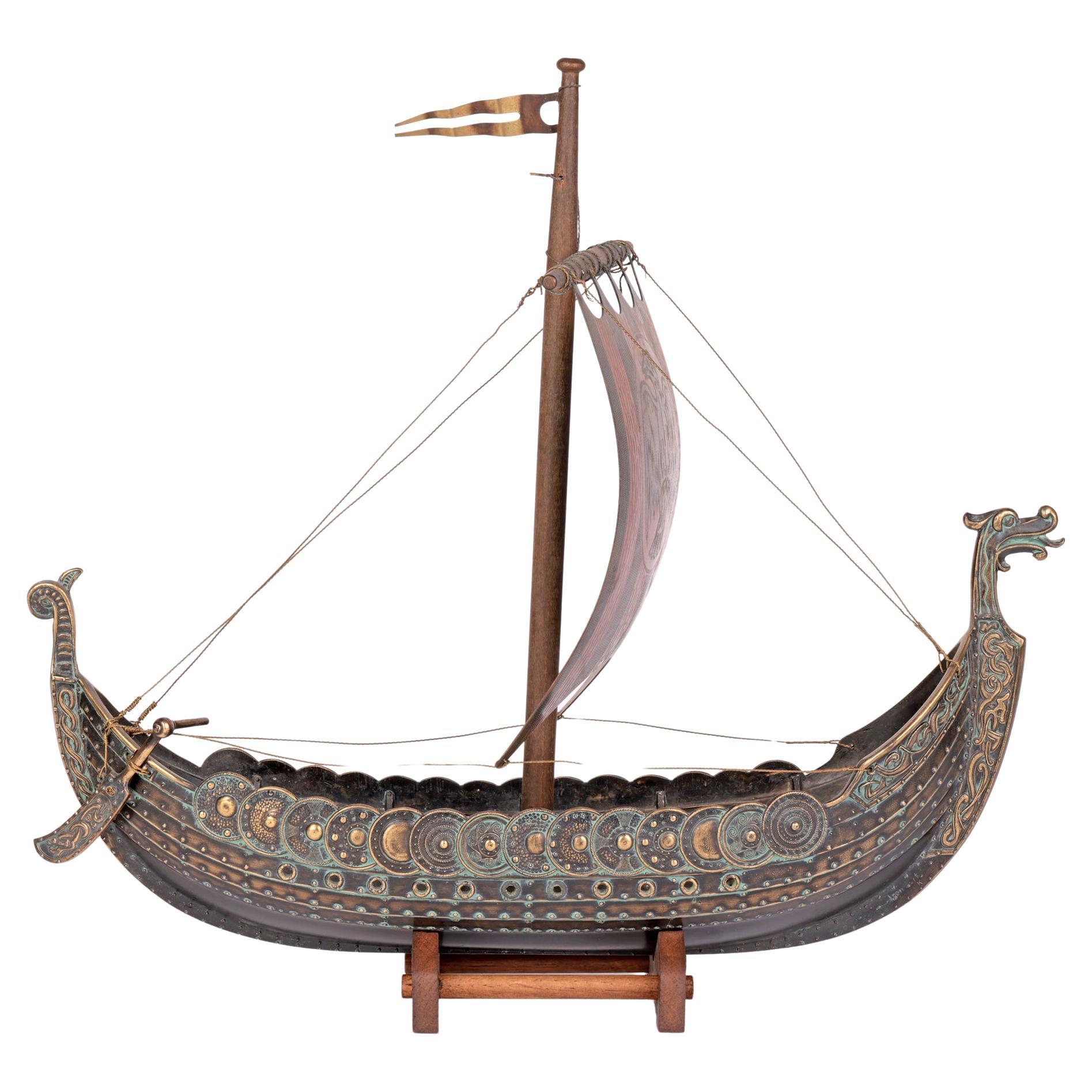 Edward Aagaard Mid-Century Danish Bronze Model Viking Ship on Stand