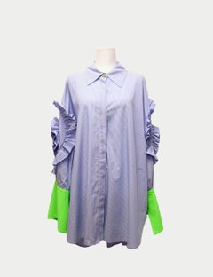 Edward Achour Paris Blue Striped Ruffle Shirt with Neon Green Cuffs - EU 44