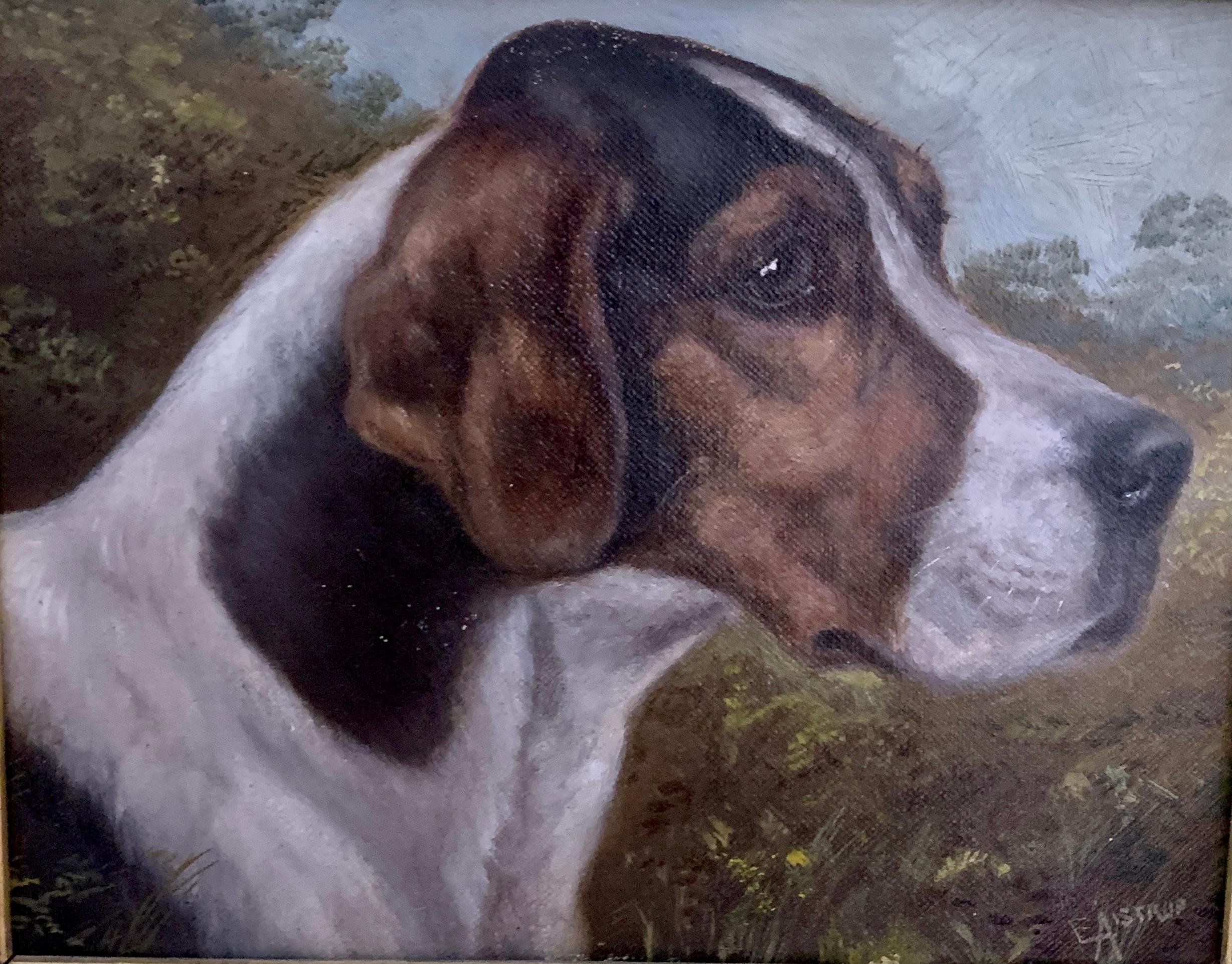 Antique Victorian English oil portrait of a Fox Hound dog in a landscape  - Painting by Edward Aistrop