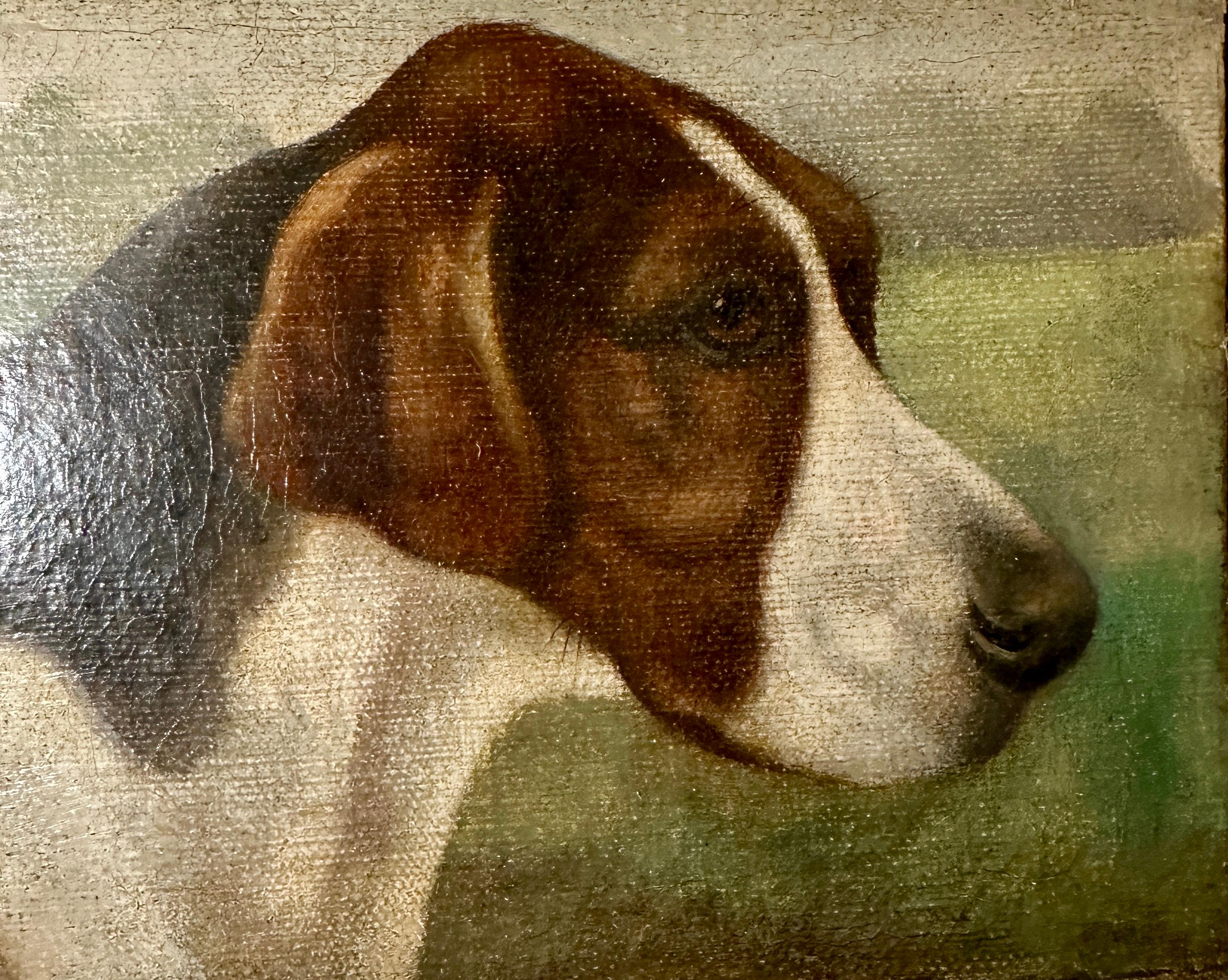 Antique Victorian English oil portrait of a fox hound dog in a landscape - Painting by Edward Aistrop