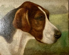 Antique Victorian English oil portrait of a fox hound dog in a landscape