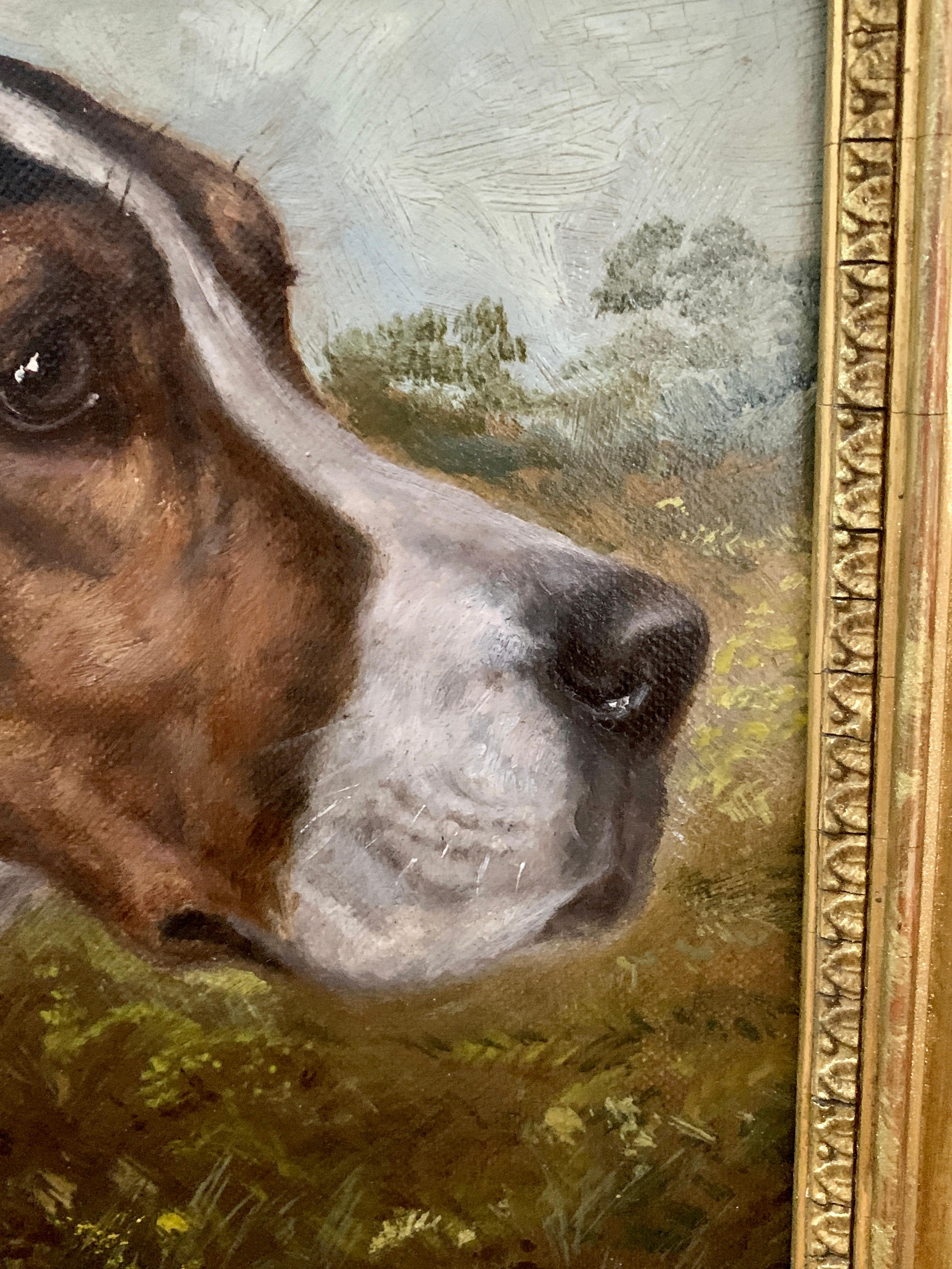 Antique Victorian English oil portrait of a Fox Hound dog in a landscape  - Brown Portrait Painting by Edward Aistrop