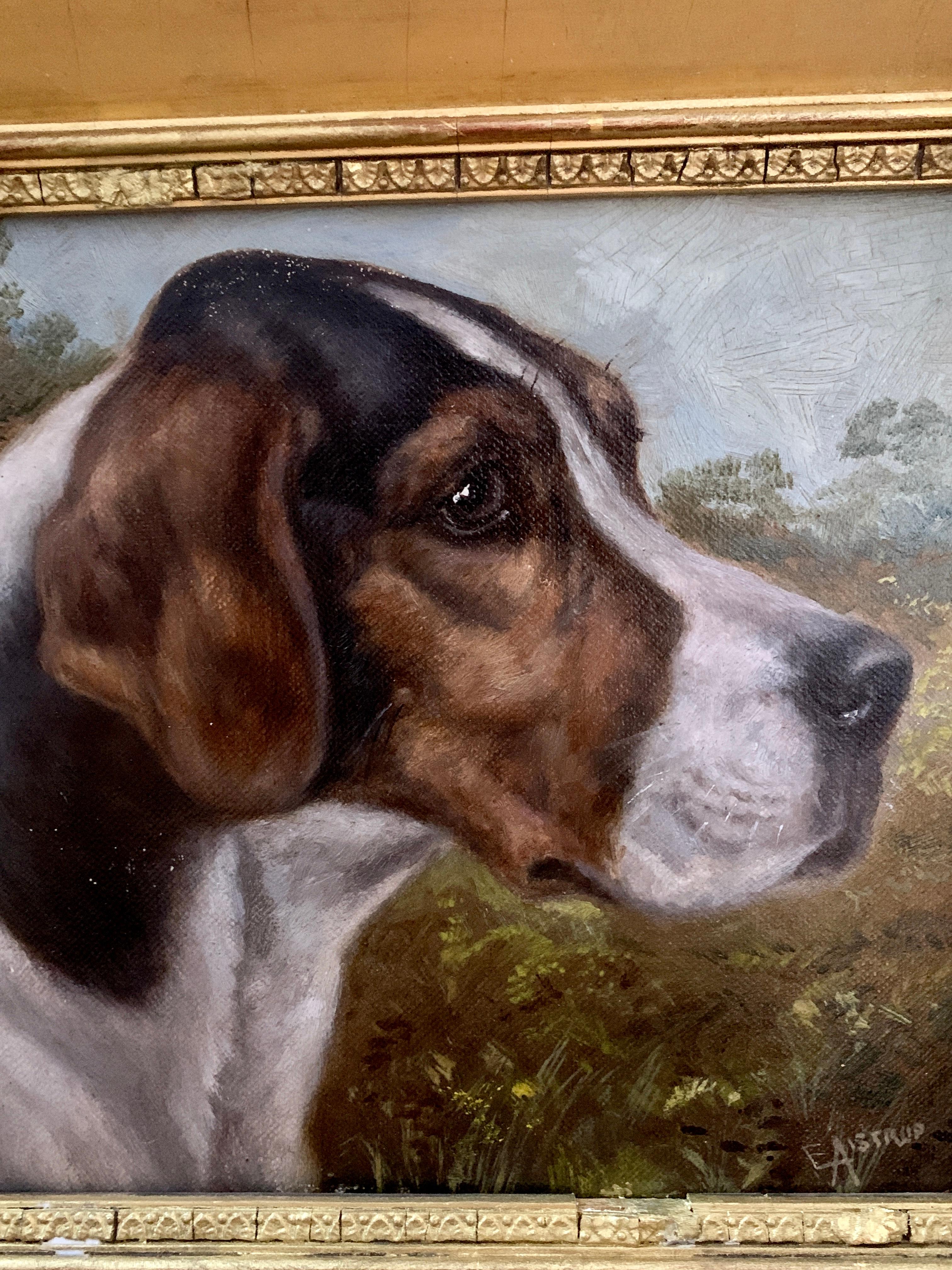 Wonderful head portrait of a Fox Hound dog. 

Edward Aistrop was a painter of dog portraits who worked in the latter part of the 19th century. He was amongst a band of artists who fulfilled the demand of wealthy patrons by providing a record of