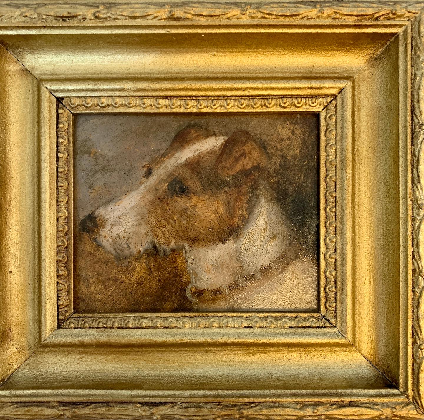 Antico ritratto ad olio inglese vittoriano di un cane Jack Russell - Painting di Edward Aistrop